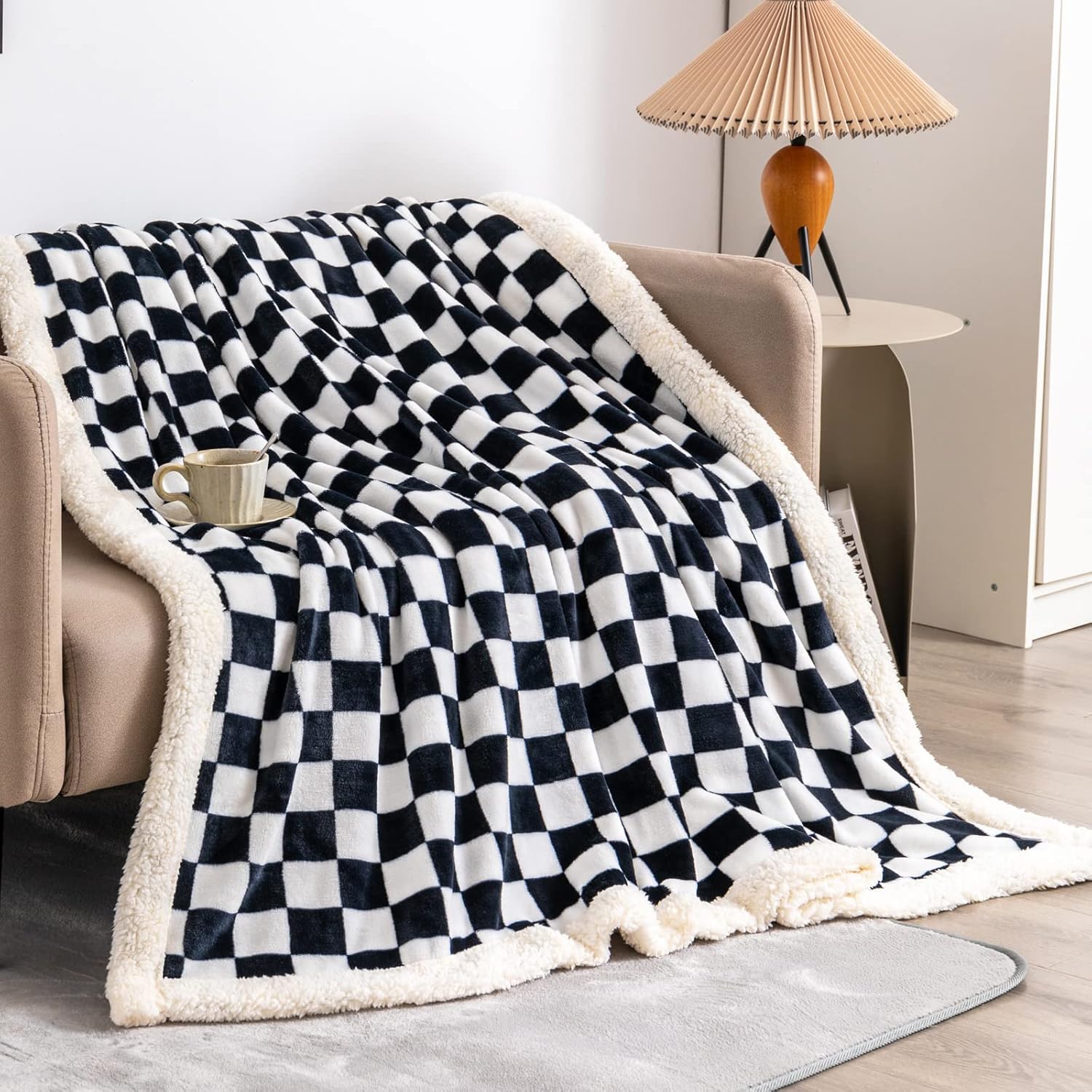 LOMAO Manta Sherpa de vellón con patrón a cuadros, suave y gruesa para sofá y cama, lujosa, cálida y acogedora para todas las estaciones (negro, 60