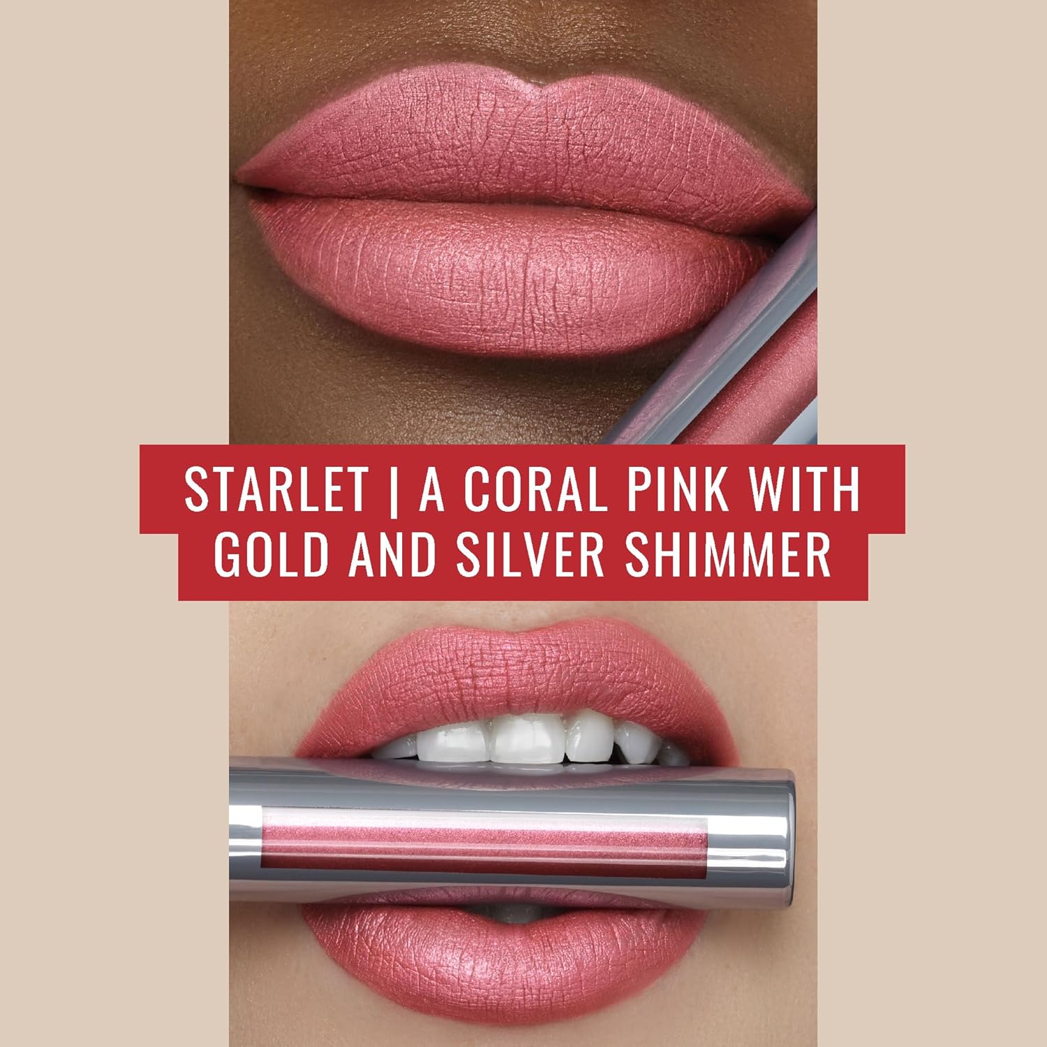Runway Rogue Pearl Glam – Lápiz labial líquido de larga duración, color rosa coral con brillo plateado y dorado, ‘Starlet’