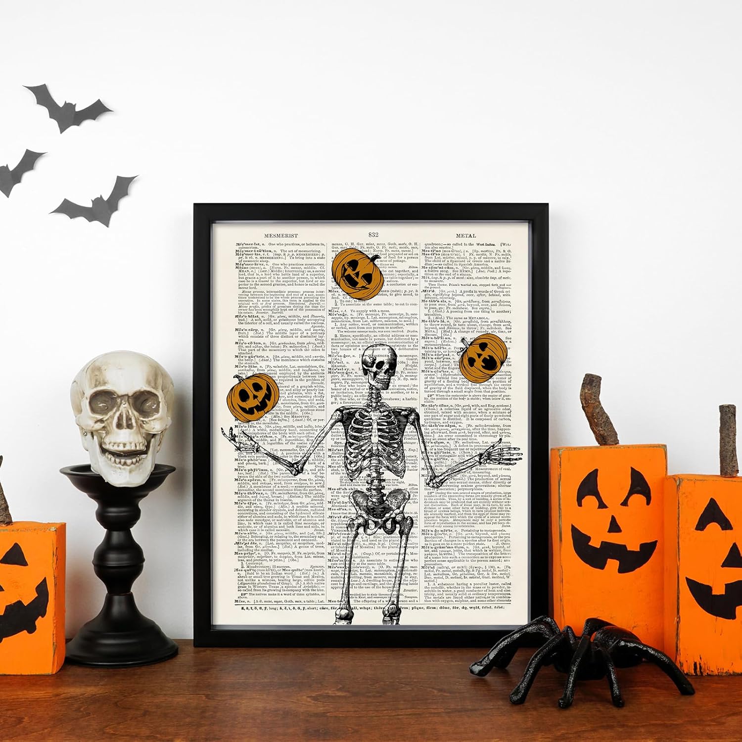Whaline 6 impresiones artísticas de esqueleto de Halloween de 11 x 14 pulgadas, espeluznante arte gótico para pared, póster de Murciélago Bruja,