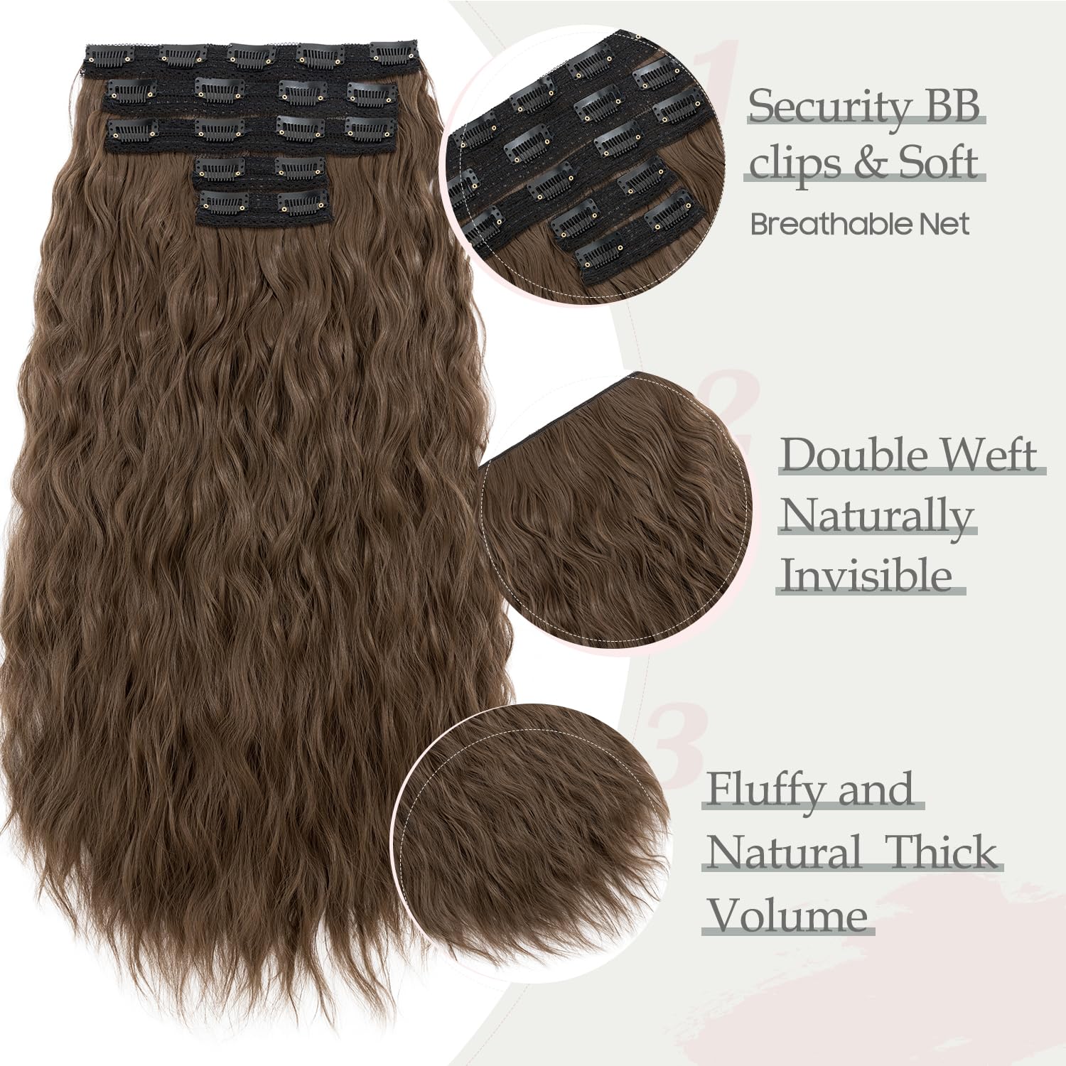 S-noilite Extensiones de cabello con clip de 24 pulgadas, 5 unidades, extensiones de cabello ondulado sintético grueso y natural, extensiones de