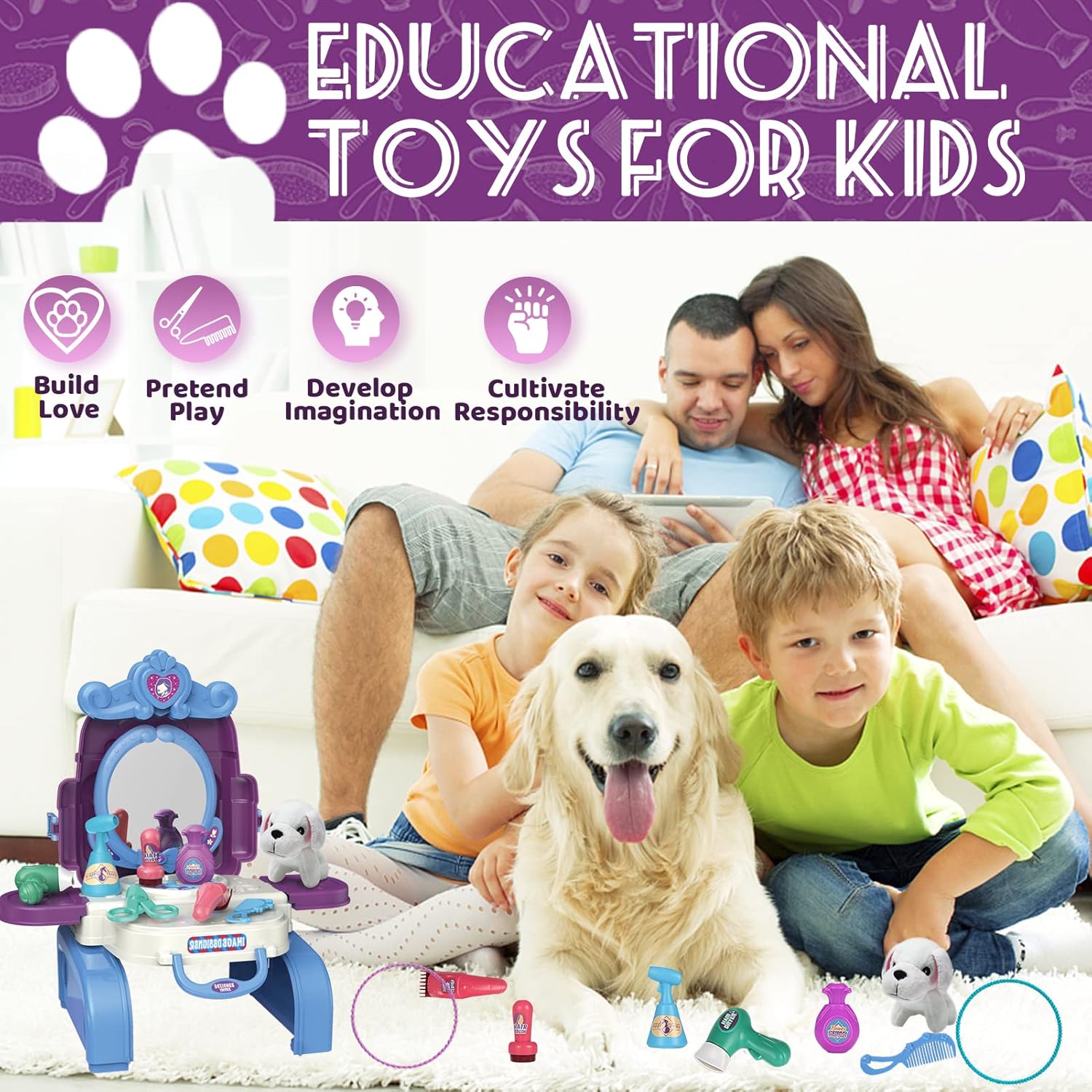 KAEGREEL Juego de cuidado de mascotas 3 en 1 para niños, 16 piezas de juegos de peluquería para mascotas, juguetes educativos para niños de 3, 4, 5,