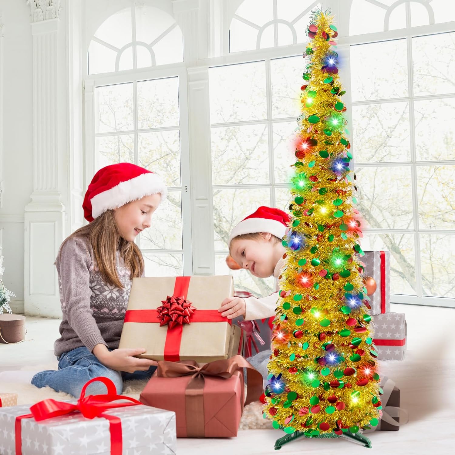 Árbol de Navidad dorado de 5 pies, árbol de Navidad artificial con luces, oropel costero plegable, árbol de Navidad delgado para el hogar,