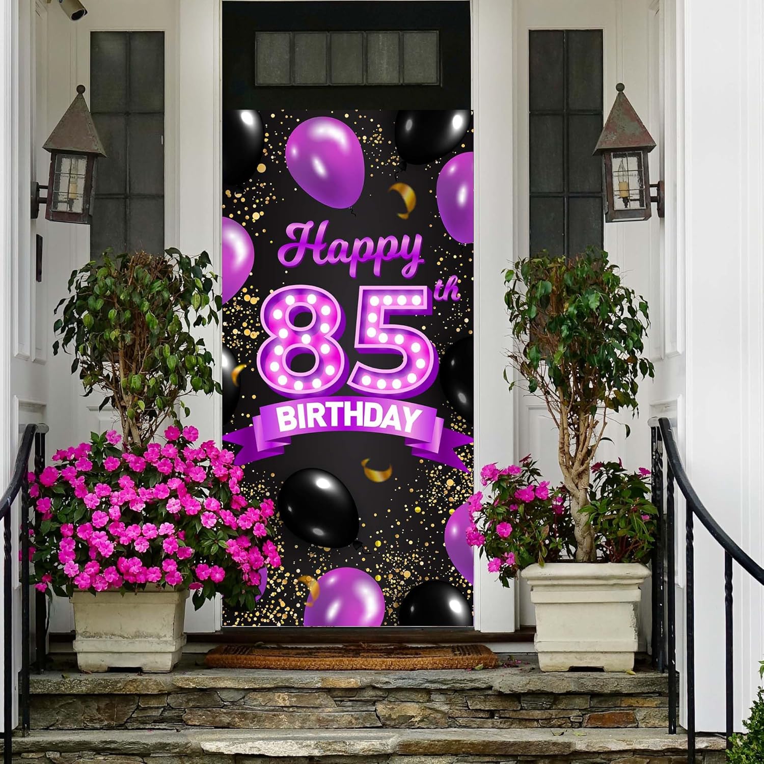 Cartel de feliz cumpleaños 85 morado y negro, decoración temática de globos de confeti de 85 años para mujeres, decoraciones de fiesta de cumpleaños
