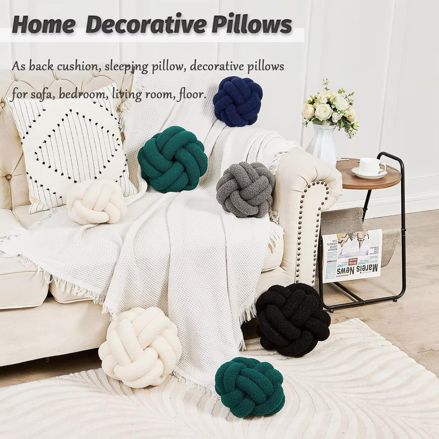Uvvyui Bola de almohada de nudo, suave color gris oscuro, para decoración del hogar, almohada redonda de felpa hecha a mano, almohadas decorativas