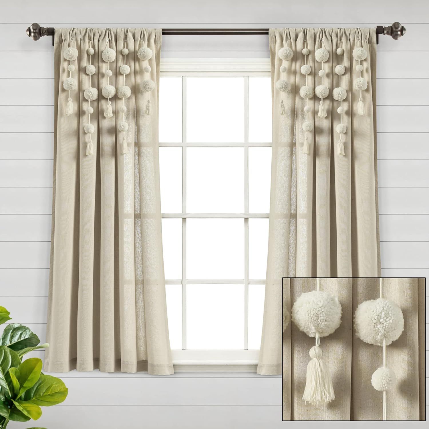 Lush Decor Panel de cortina de lino con borlas bohemias con pompones (panel individual), 63 pulgadas de largo x 52 pulgadas de ancho, lino oscuro
