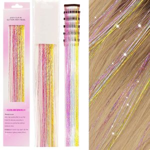 Eliongpu Paquete de 12 piezas de oropel con clip, 20 pulgadas, resistentes al calor, extensiones de oropel con clip, mechones brillantes, regalo de Eliongpu Paquete de 12 piezas de oropel con clip, 20 pulgadas, resistentes al calor, extensiones de oropel con clip, mechones brillantes, regalo de