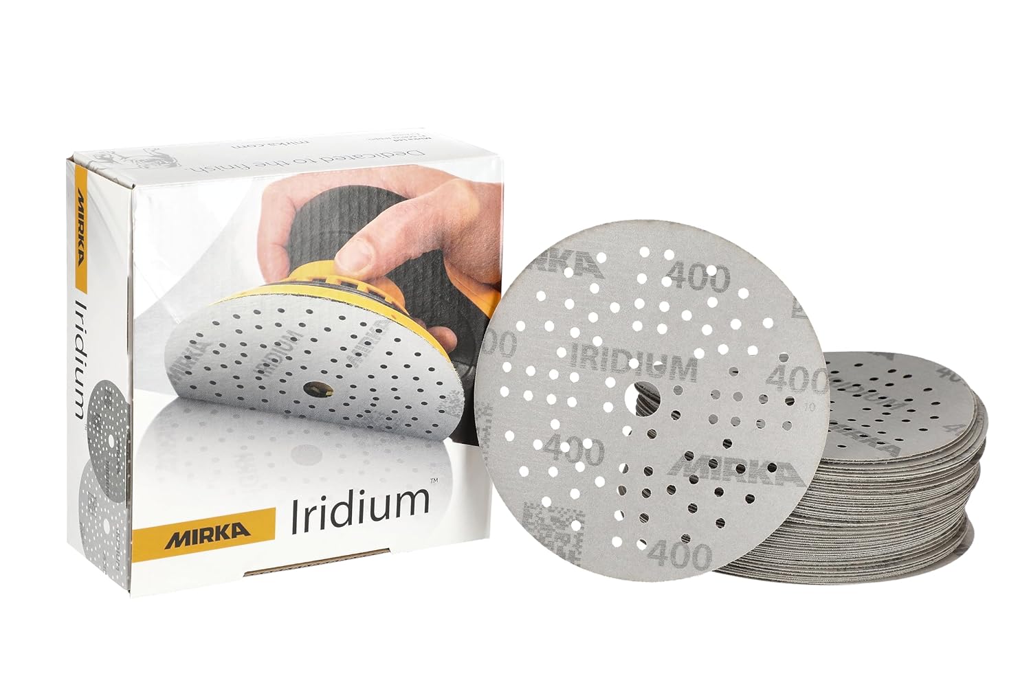 Mirka Papel de lija Iridium Premium Ø 5 pulgadas, gancho y bucle, grano 400, 50 piezaspara lijado de pintura, masilla, imprimación, madera, acero,
