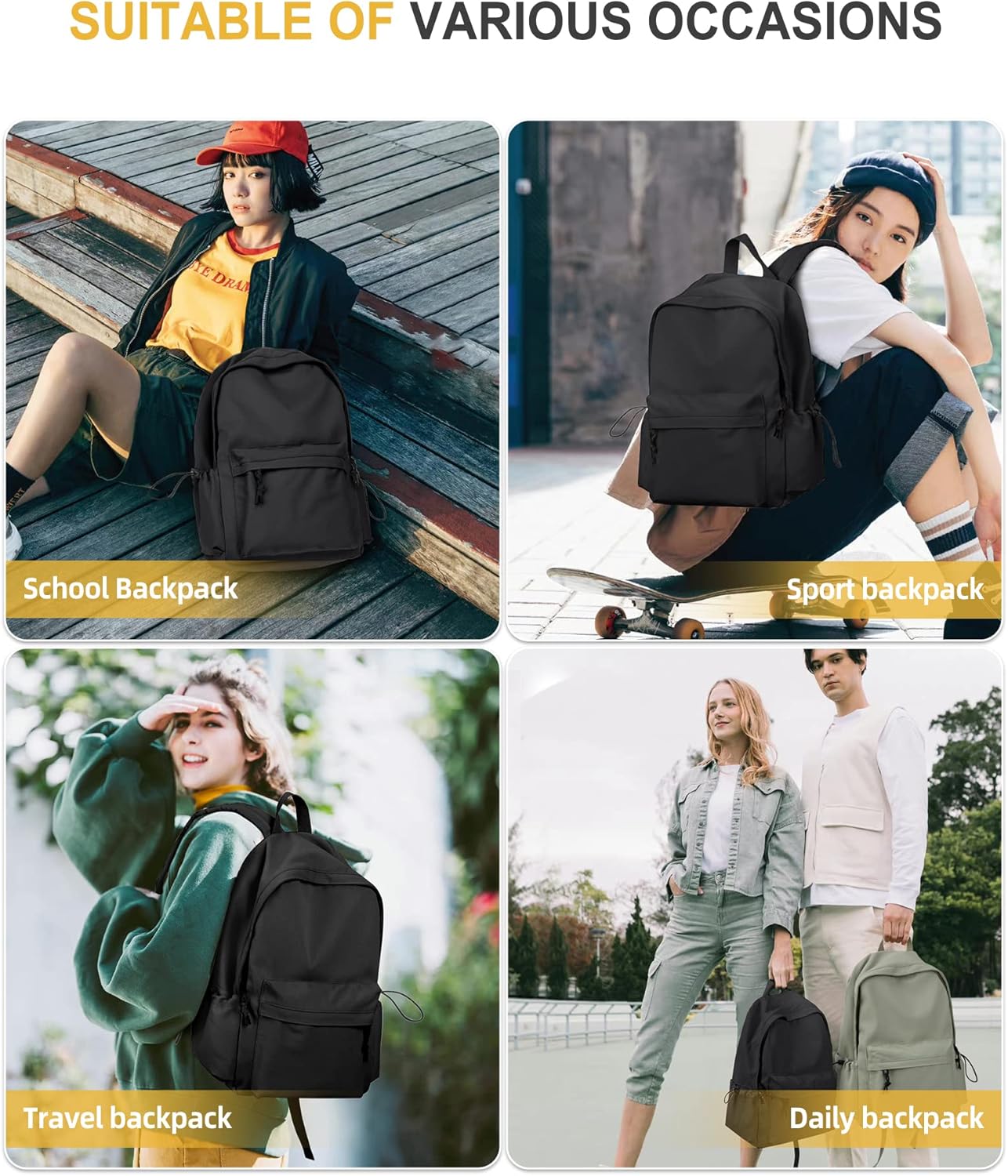 VECAVE Mochila ligera para mujeres y hombres, mochila casual de viaje para laptop, A-Negro, Mochila