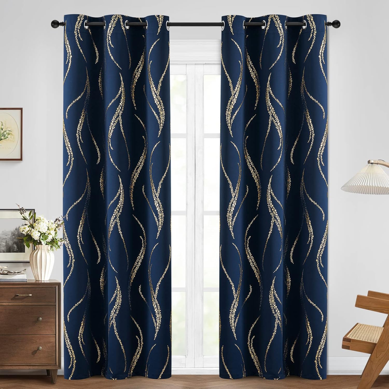 Yakamok Cortinas opacas de 84 pulgadas de largo para sala de estar, con aislamiento térmico, patrón de líneas onduladas doradas, patrón de puntos,