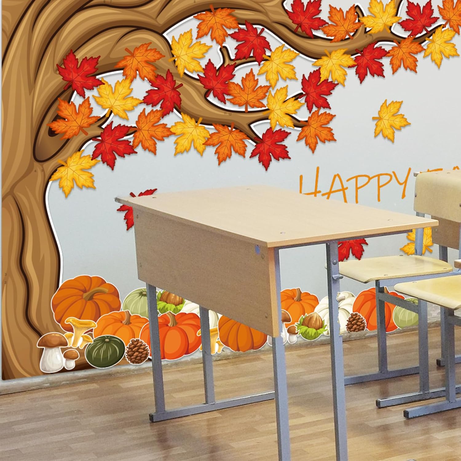 Juego de tablón de anuncios de árbol grande de 4 pies, decoración de tablón de anuncios de otoño con hojas de arce, recortes de calabazas para aula,