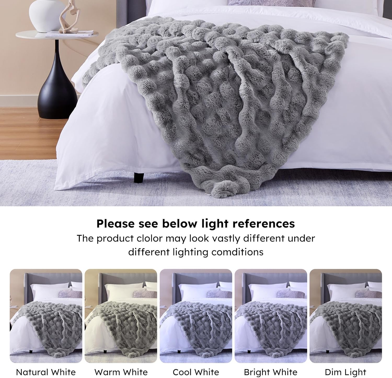 CozyBloom Manta de piel sintética suave de lujo para sofá, manta decorativa y acogedora de felpa larga y esponjosa, manta peluda de forro polar gris