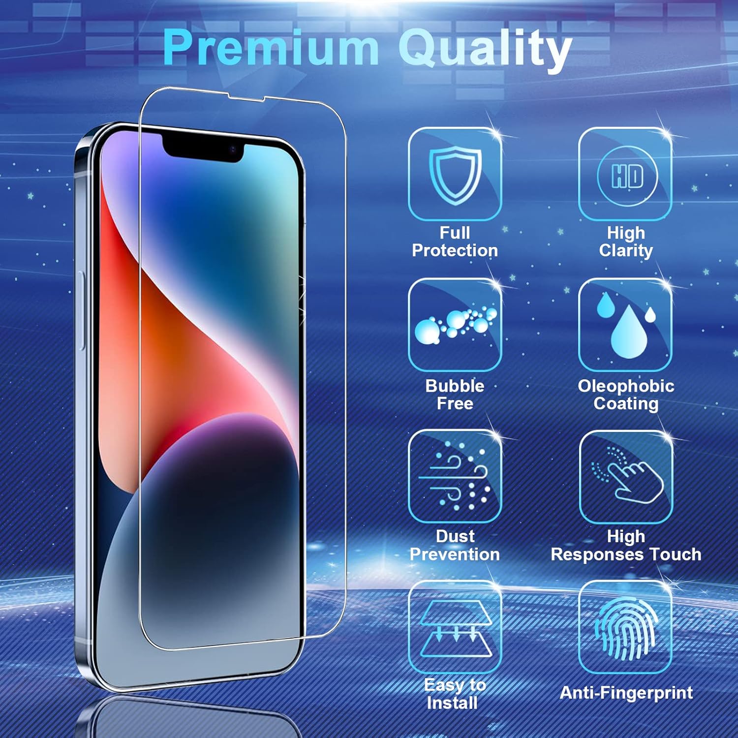 Paquete de 3+3 Protector de pantalla de vidrio templado para iPhone 14, protector de pantalla de lente de cámara con marco de alineación, sensible