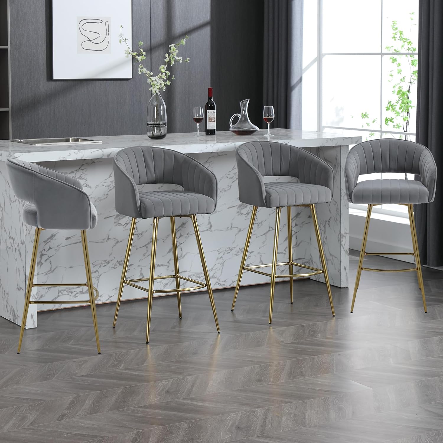 Westice Juego de 2 taburetes de bar, de terciopelo de 30 pulgadas de altura de asiento con respaldo y patas doradas, taburetes tapizados de altura