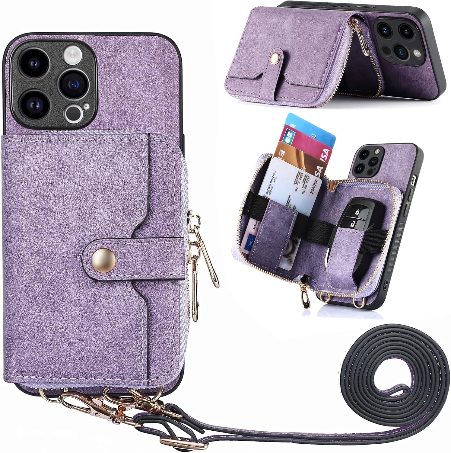 Asuwish Funda de teléfono para iPhone 14 Pro Max de 6.7 pulgadas con cremallera, con ranura para tarjeta de crédito, correa cruzada de hombro,