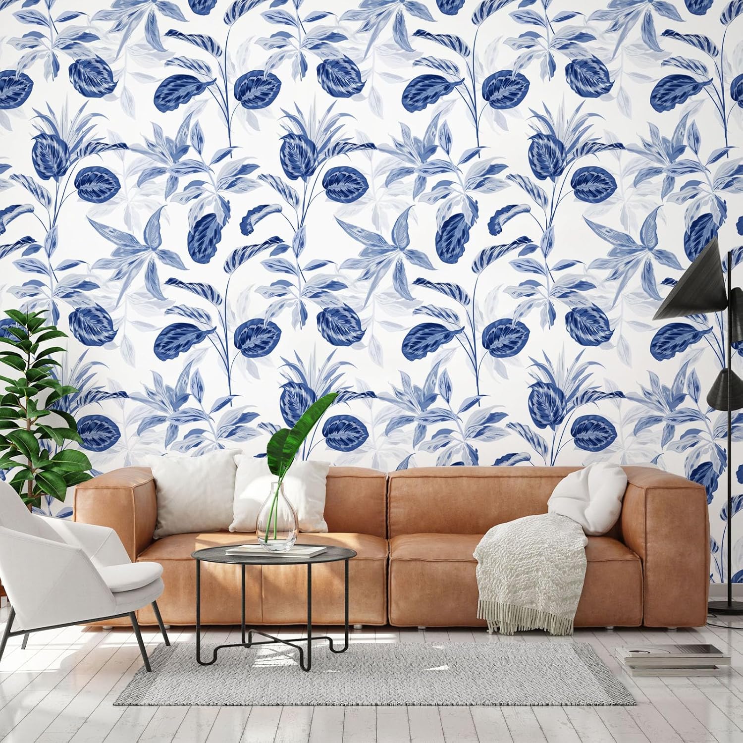 Papel tapiz floral de hoja de palmera, azul marino y blanco, papel tapiz tropical para despegar y pegar, papel tapiz de contacto con la selva, hojas
