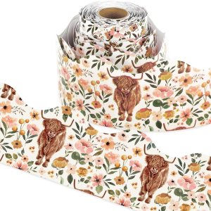 AnyDesign – Tablero de anuncios de vaca de las tierras altas de 65 pies con borde de acuarela y flores de vaca troquelada, rollo de borde troquelado AnyDesign – Tablero de anuncios de vaca de las tierras altas de 65 pies con borde de acuarela y flores de vaca troquelada, rollo de borde troquelado