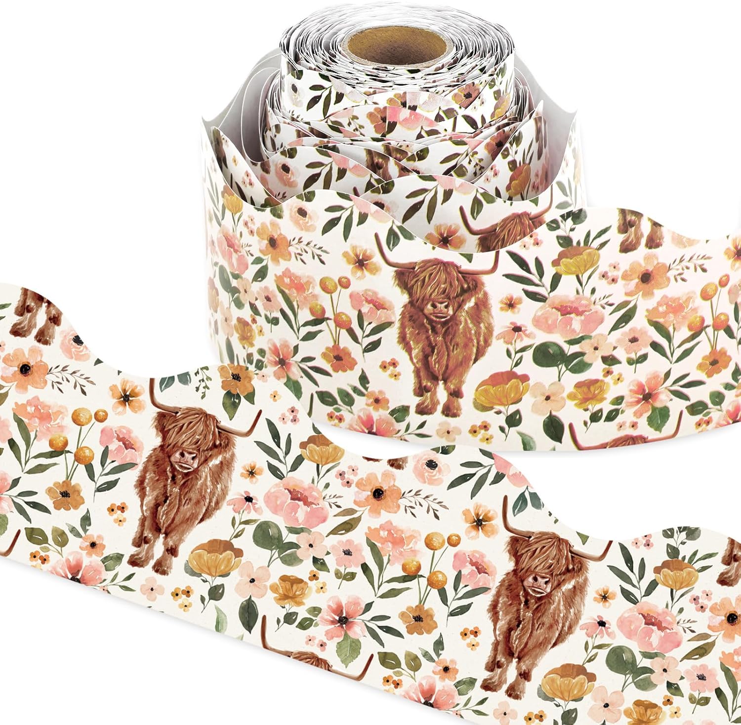 AnyDesign – Tablero de anuncios de vaca de las tierras altas de 65 pies con borde de acuarela y flores de vaca troquelada, rollo de borde troquelado