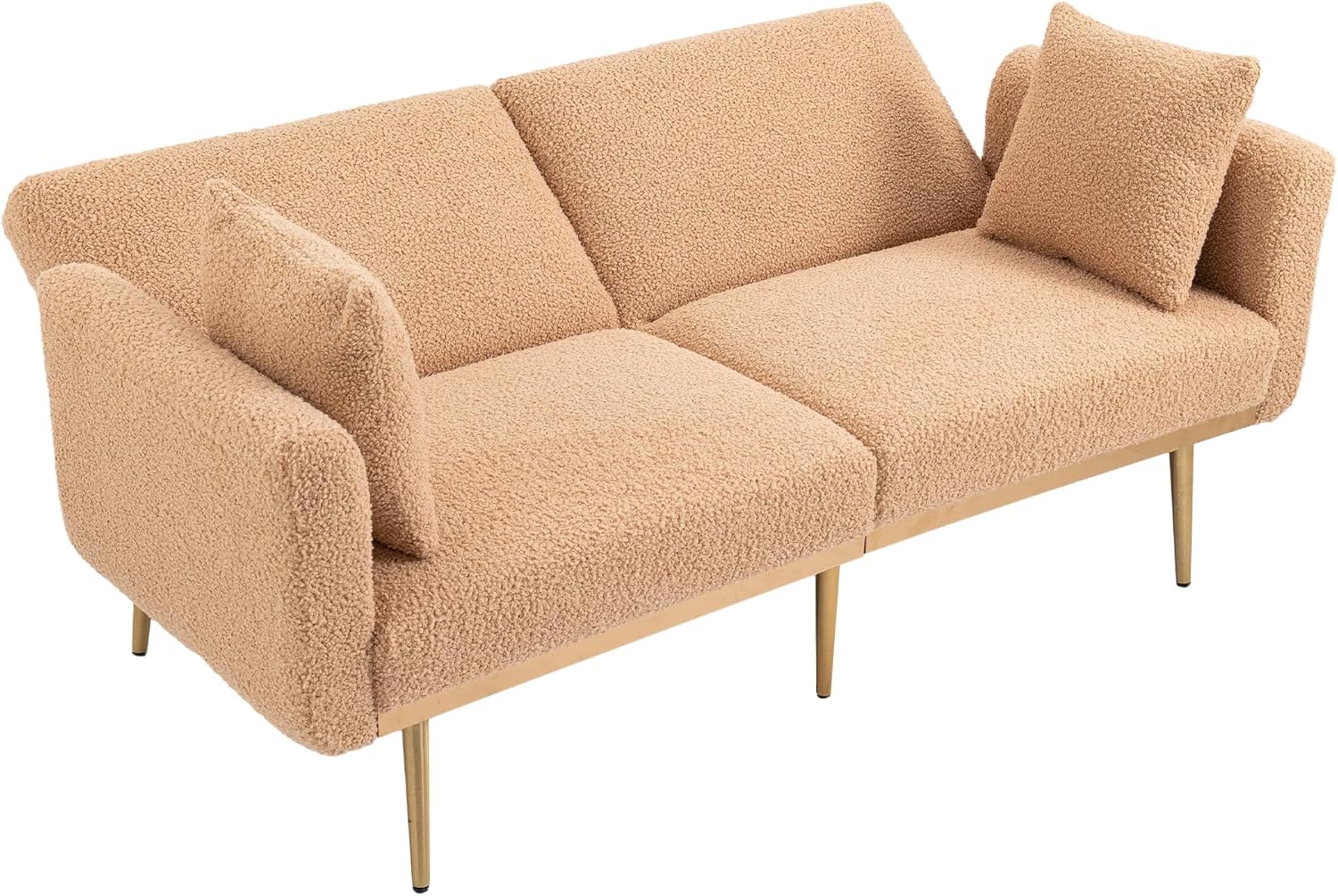 Kakotito Sofá biplaza de terciopelo moderno de mediados de siglo, sofá pequeño con 7 patas de metal dorado (Camel Teddy)