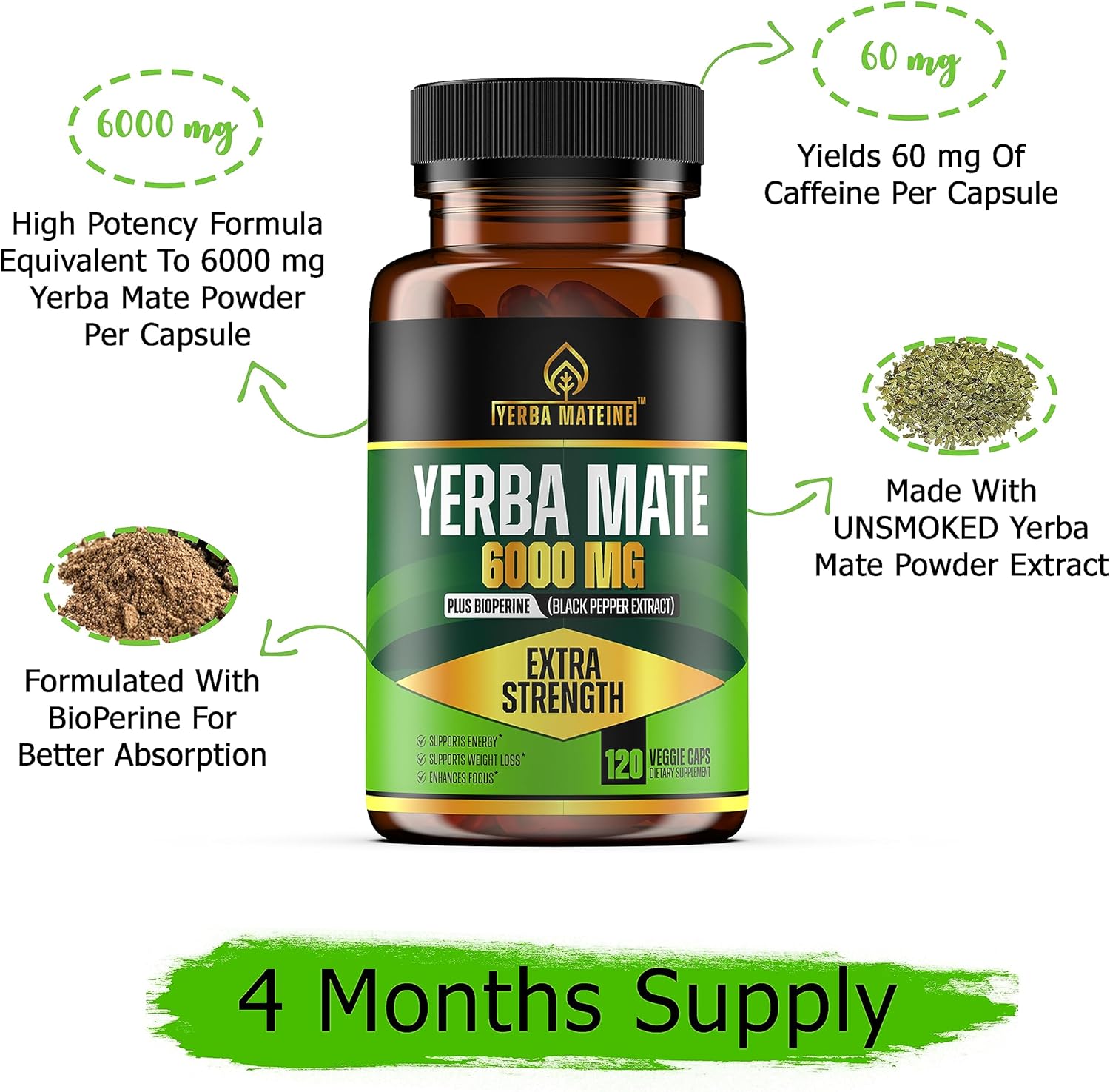 Yerba Mate extra fuerte de 6000 mg de alta potencia, 60 mg de cafeína por cápsula, píldoras de extracto de suplementos para energía natural limpia,