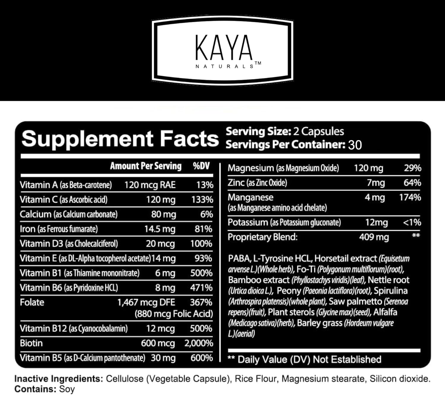 Kaya Naturals Cápsulas de uñas BIOTIN Vitamina D Vitamina B-12 A Apoyo de ácido fólico, Suplemento vitamínico de apoyo para el cabello