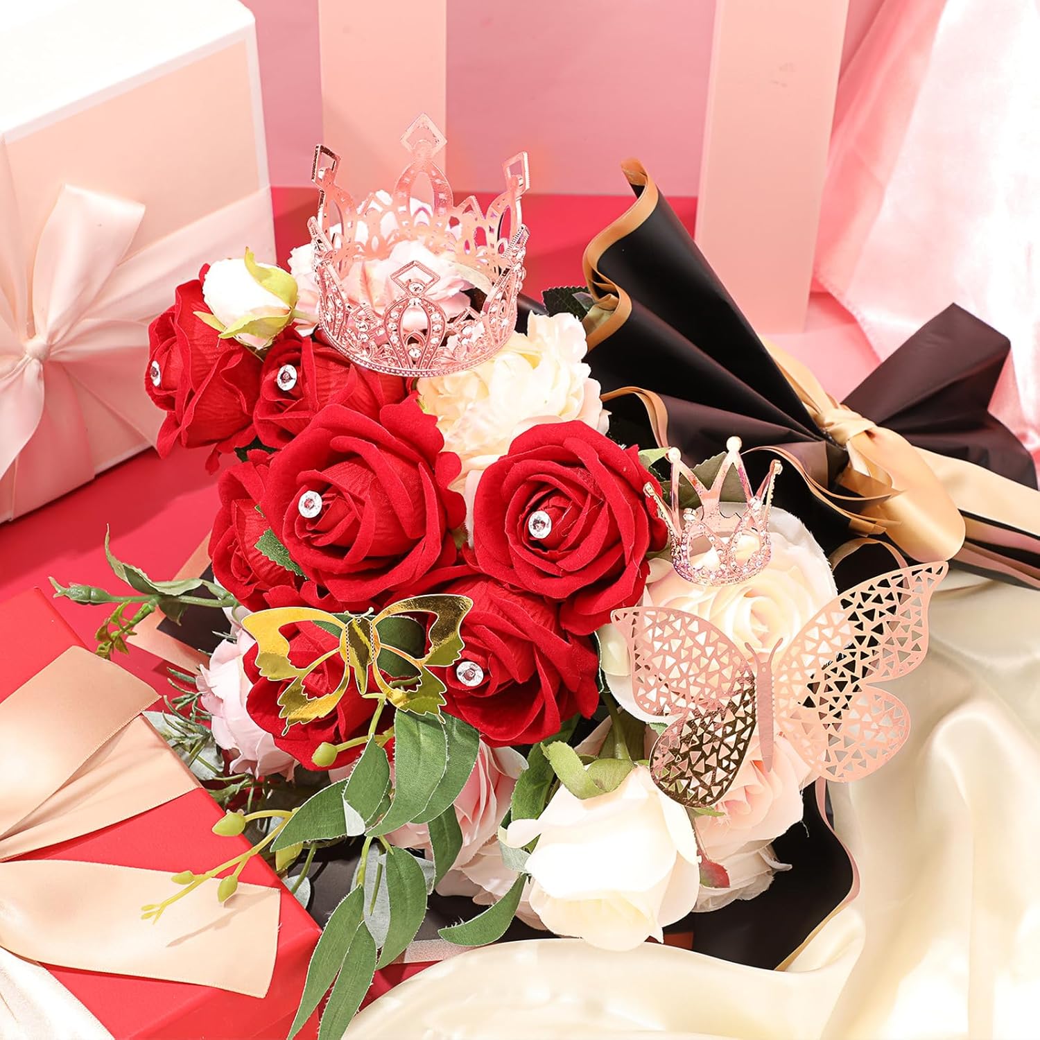 Ceenna 294 accesorios para ramos de flores que incluyen 40 hojas de papel de regalo de flores con borde dorado, 6 mini coronas, 48 decoraciones de
