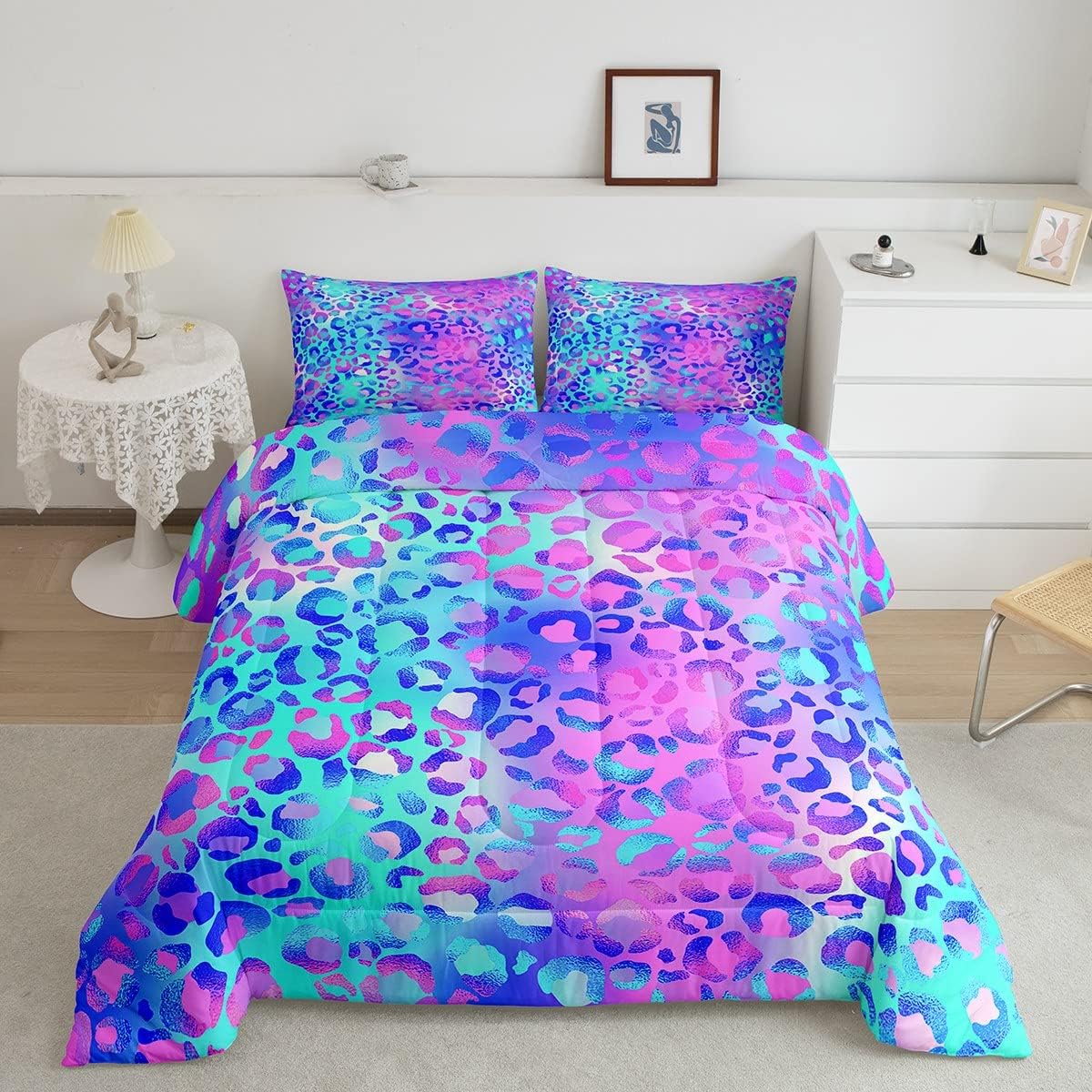 Feelyou Juego de edredón colorido de leopardo azul, morado, rosa, leopardo, juego de ropa de cama para niños pequeños, elegante juego de edredón