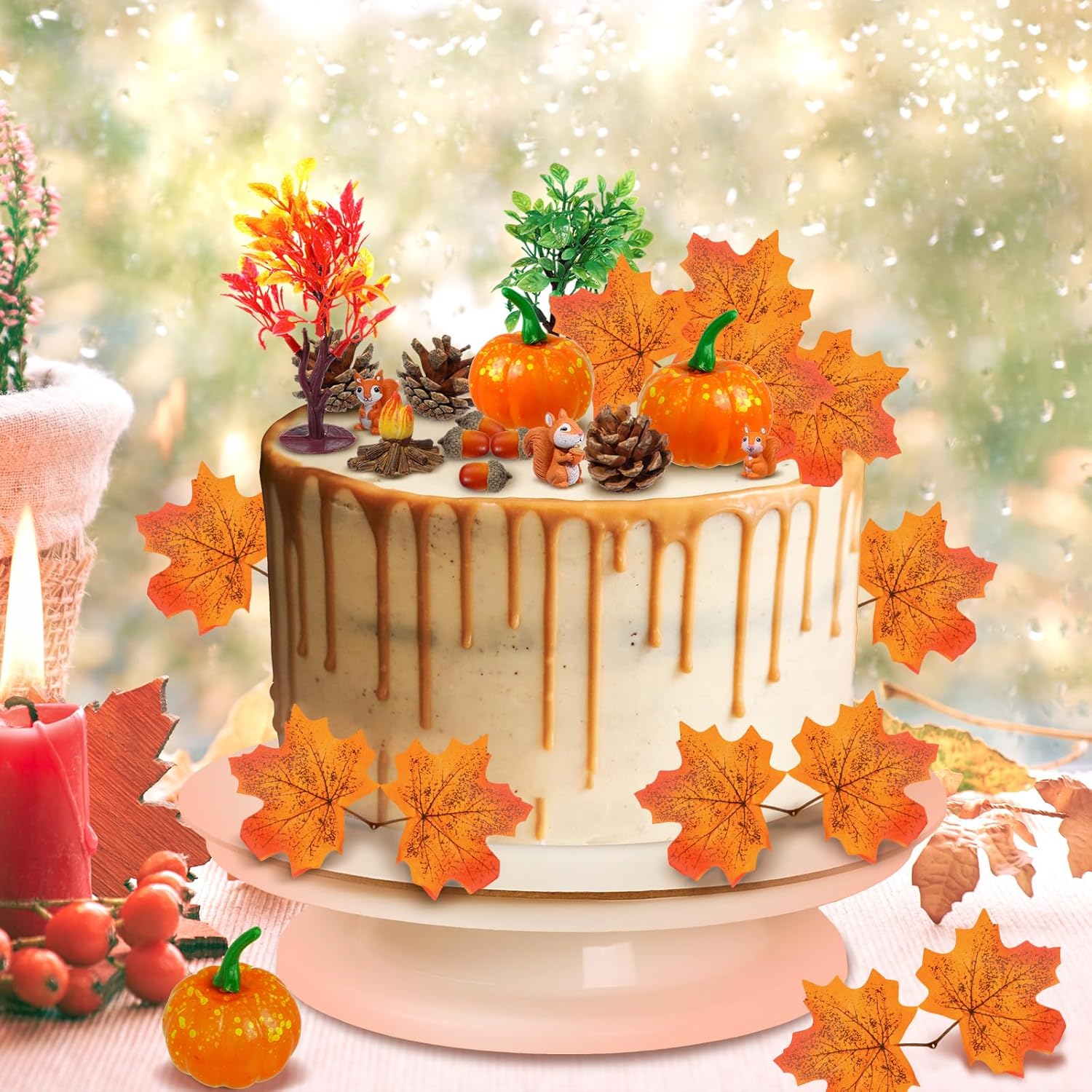 RAYNAG 25 decoraciones para tartas de Acción de Gracias, decoraciones de otoño para fiestas de cumpleaños, calabazas artificiales, hoja de arce,