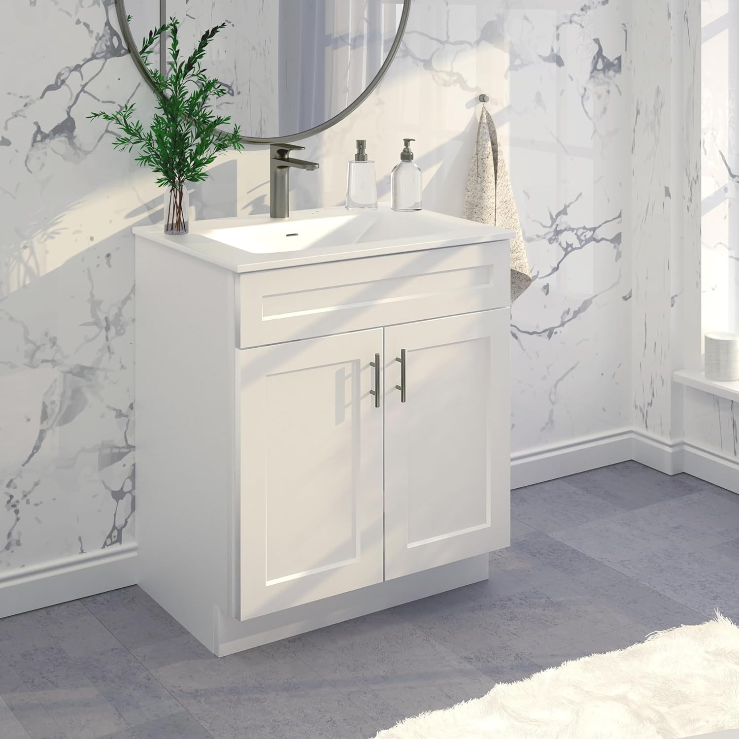 Lavabo de baño blanco con base de coctelera de 24″30″36″ de ancho, armario listo para montar (30″ de ancho)