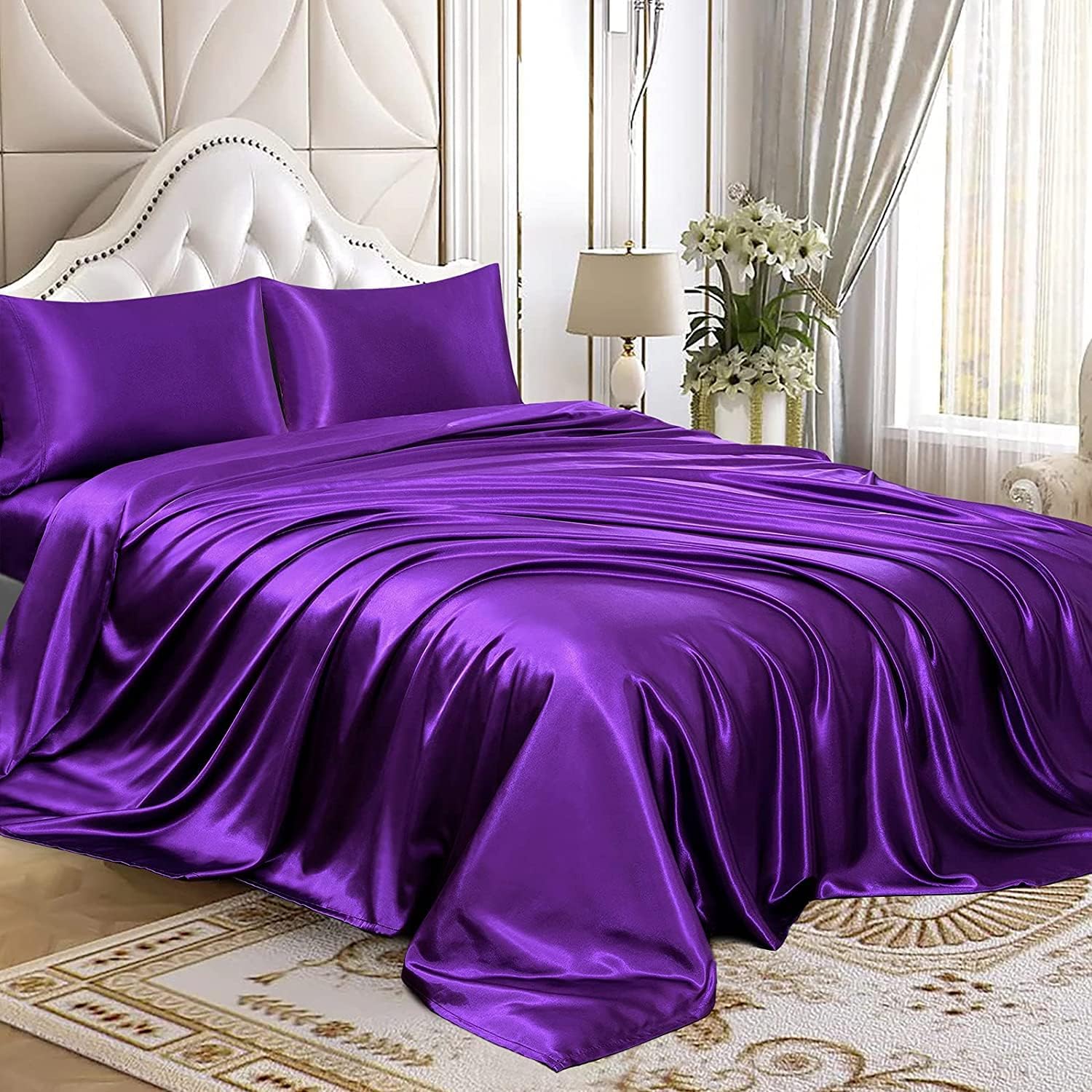 Homiest Sábana encimera de satén morado, sábana encimera individual, sábana superior de tamaño individual, sábana encimera sedosa para colchón