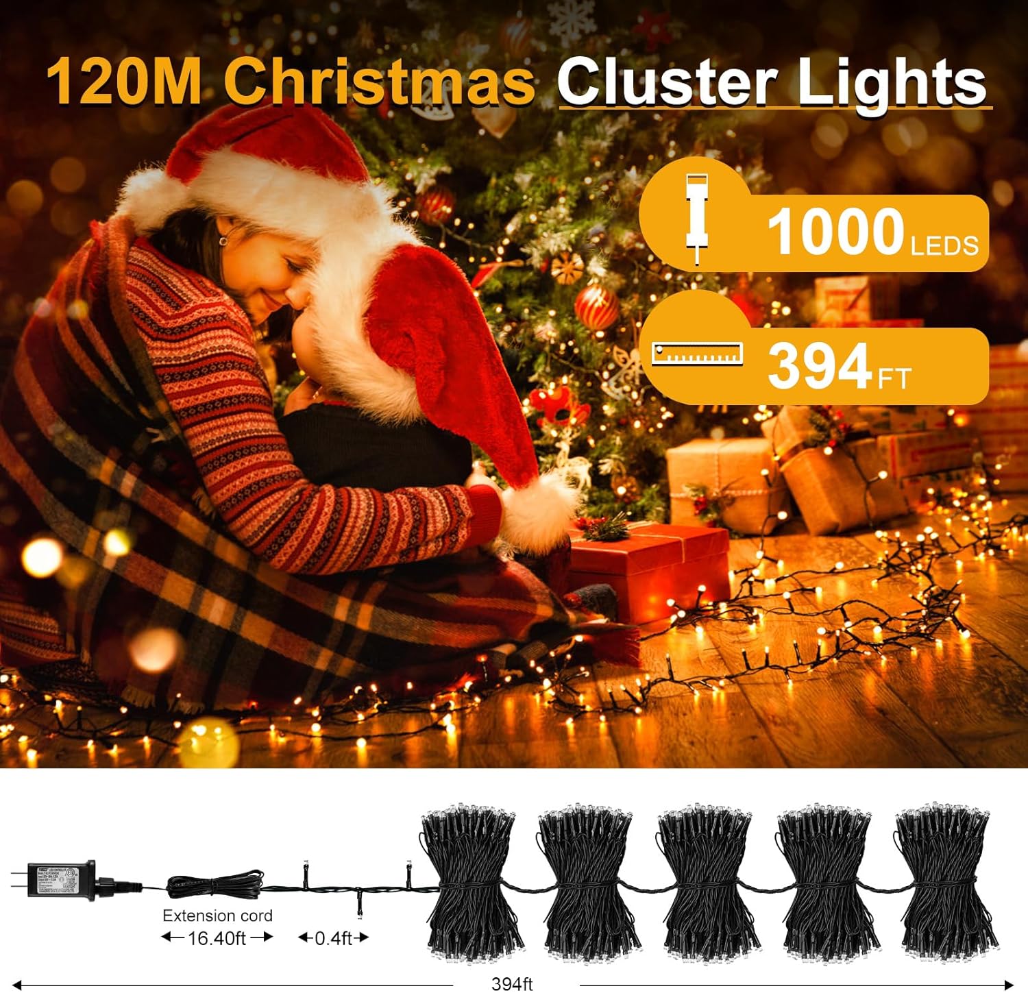 Luces de Navidad para exteriores, 1000 luces LED de 394 pies de color blanco cálido, 8 modos, temporizador y control remoto de RF para árbol de