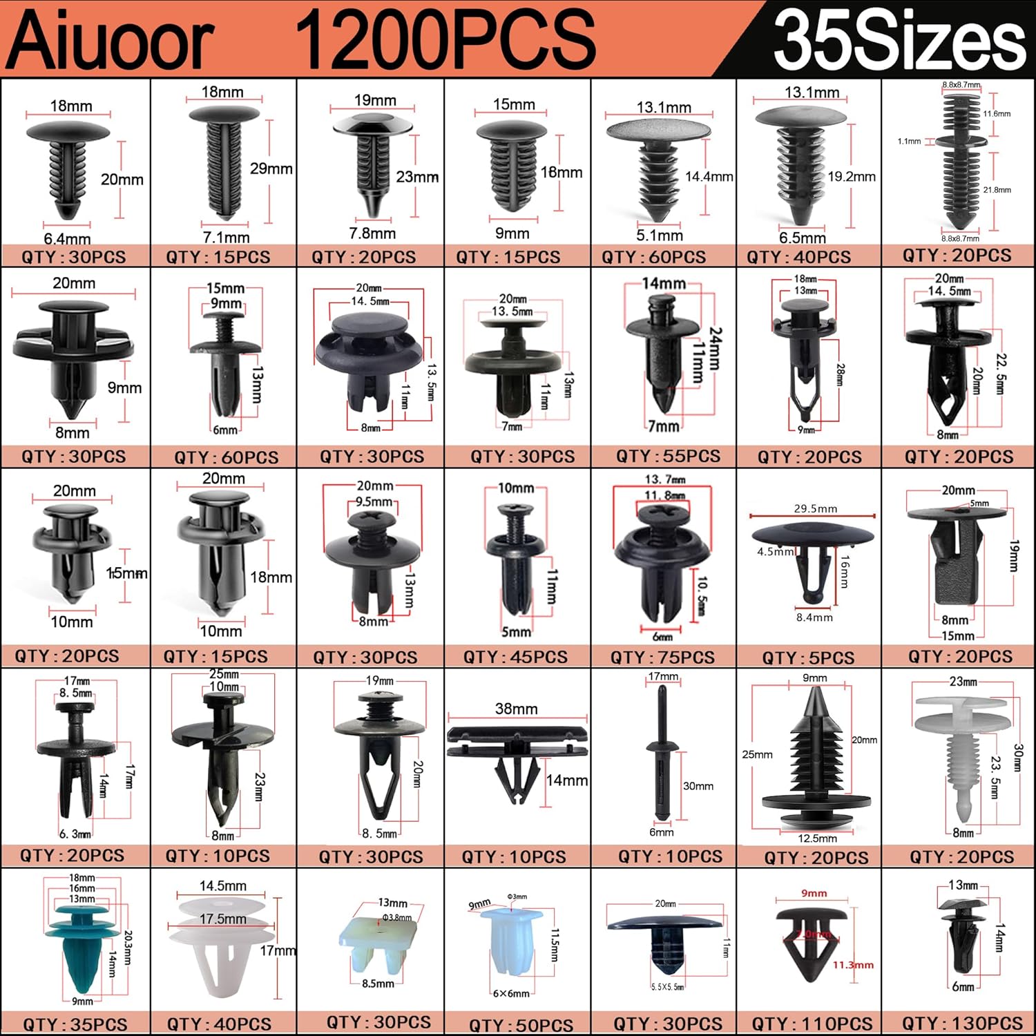 Clips para automóvil, 1301 unidades, clip de retención de automóvil de doble extremo para árbol de Navidad, protector de parachoques, guardabarros,