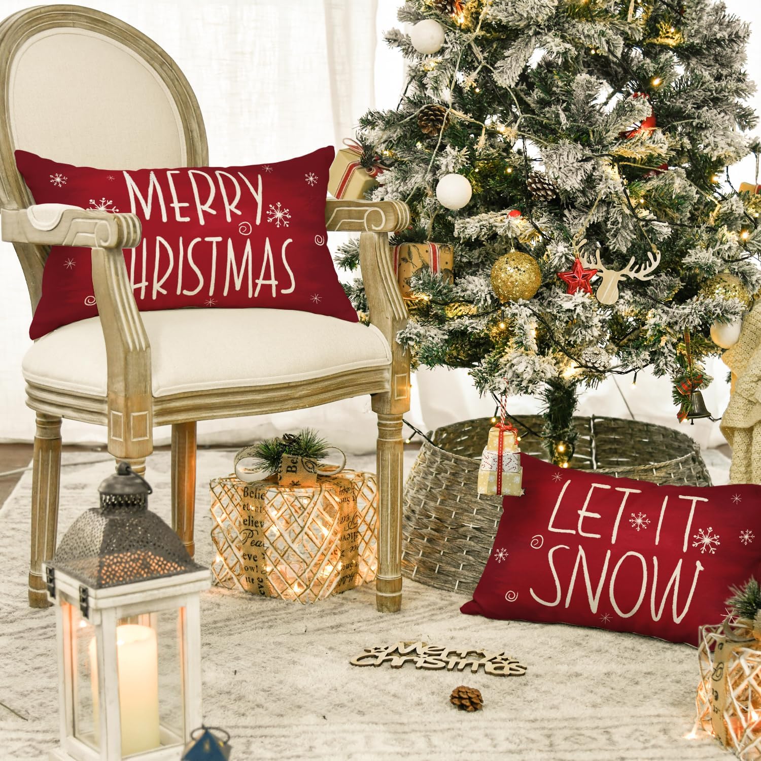 AVOIN colorlife Juego de 4 fundas de almohada con diseño de muñeco de nieve con texto en inglés Merry Christmas con diseño de muñeco de nieve Let It