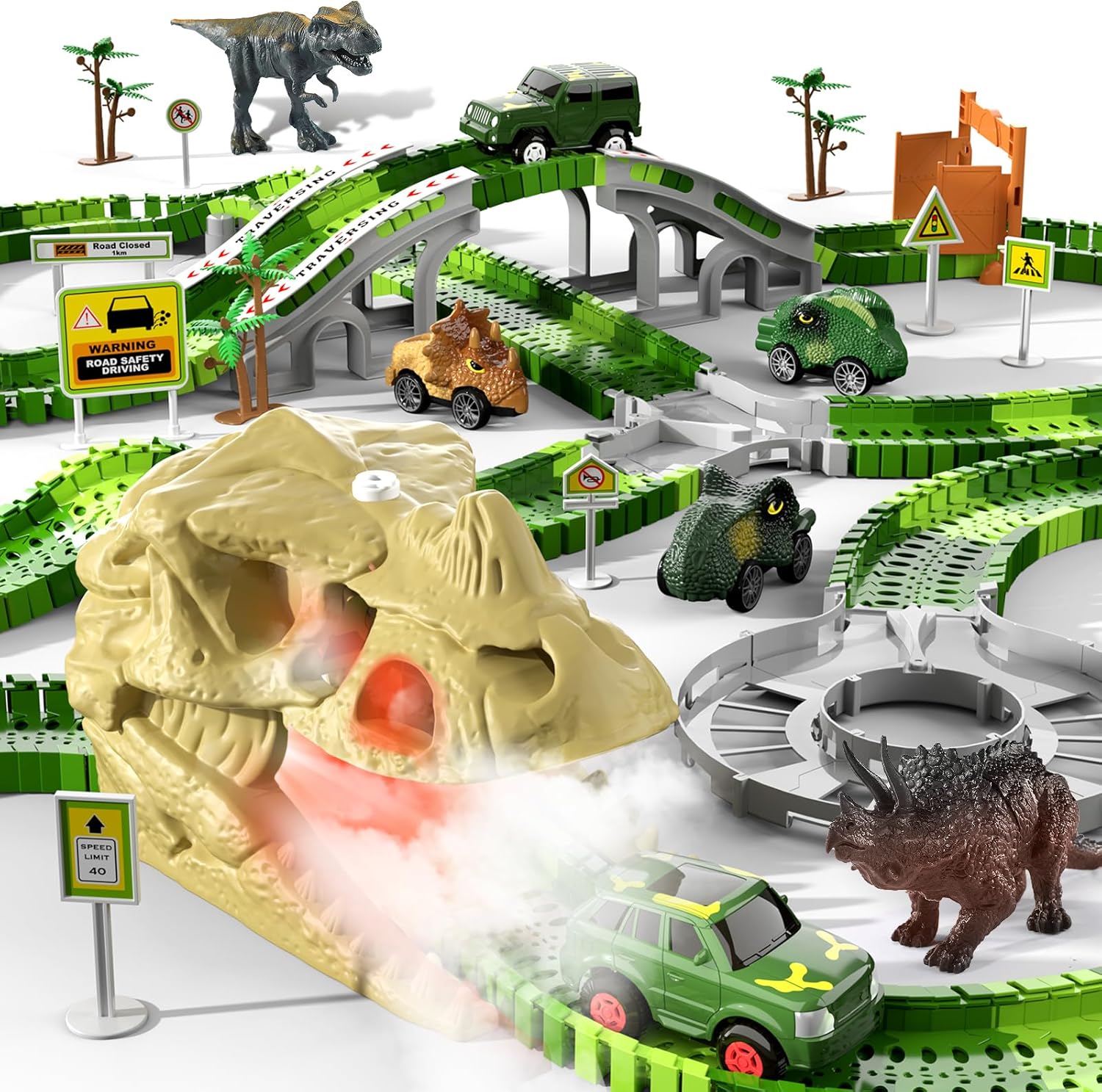 249 piezas de juguetes de carreras de dinosaurios con luz, sonido y aerosol, juguetes de dinosaurio para niños de 2 a 4 años, 3 a 5 años, regalos de