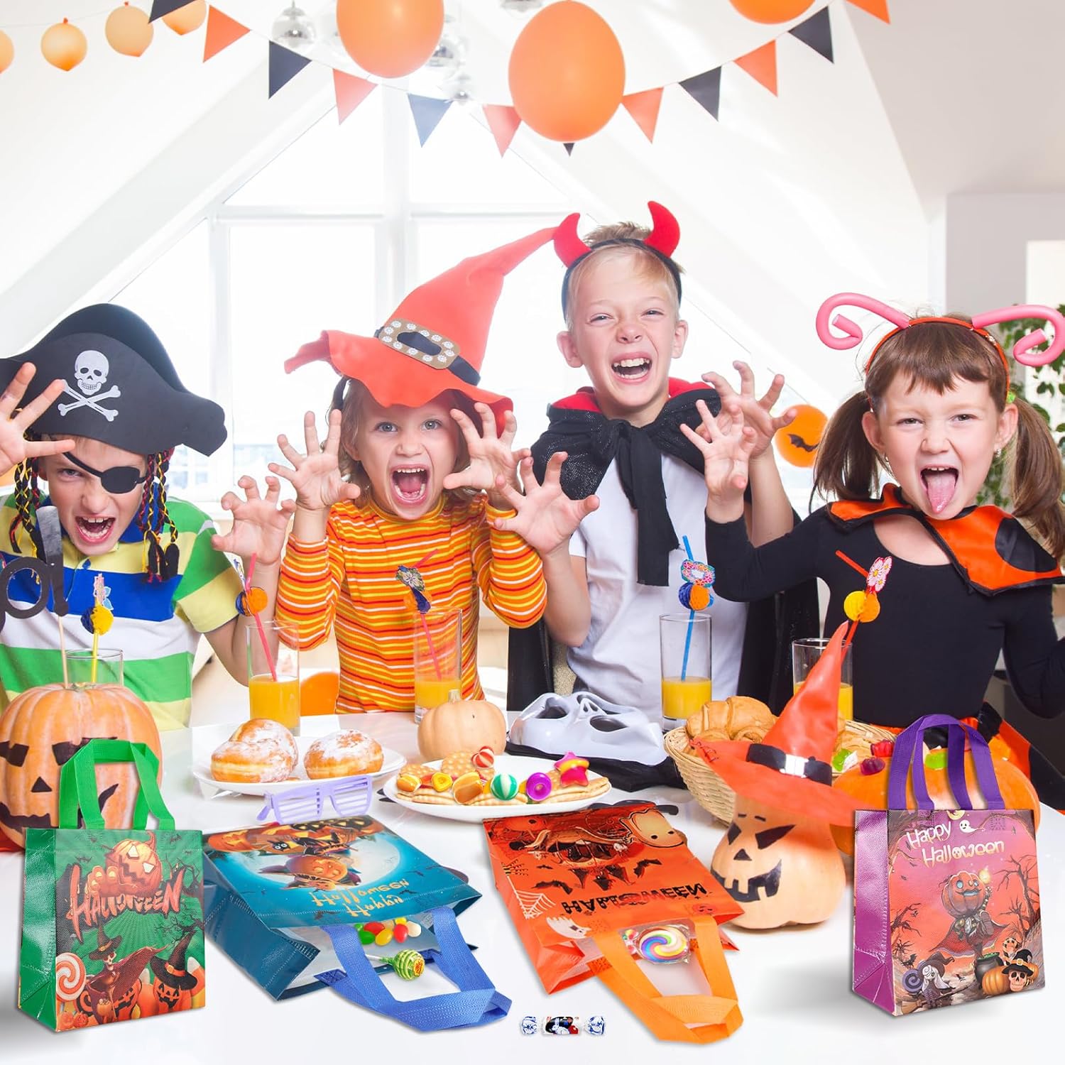 Bolsas de Halloween para dulce o truco, 4 bolsas pequeñas de Halloween con asas, bolsas multifuncionales no tejidas para envolver regalos, dulce o