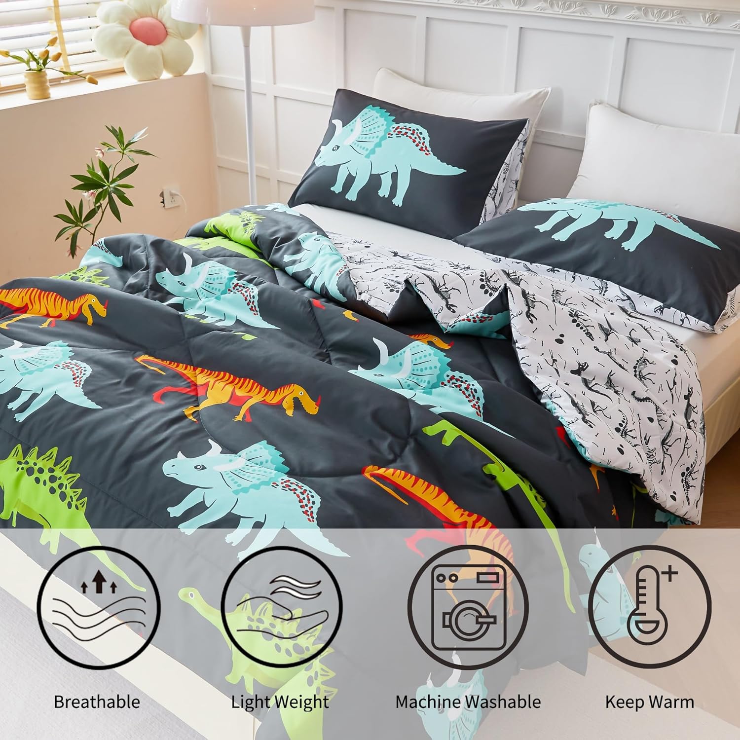 RYNGHIPY Juego de ropa de cama de dinosaurio, tamaño individual, juego de edredón para niños y niñas, suave, transpirable, lindo juego de cama de