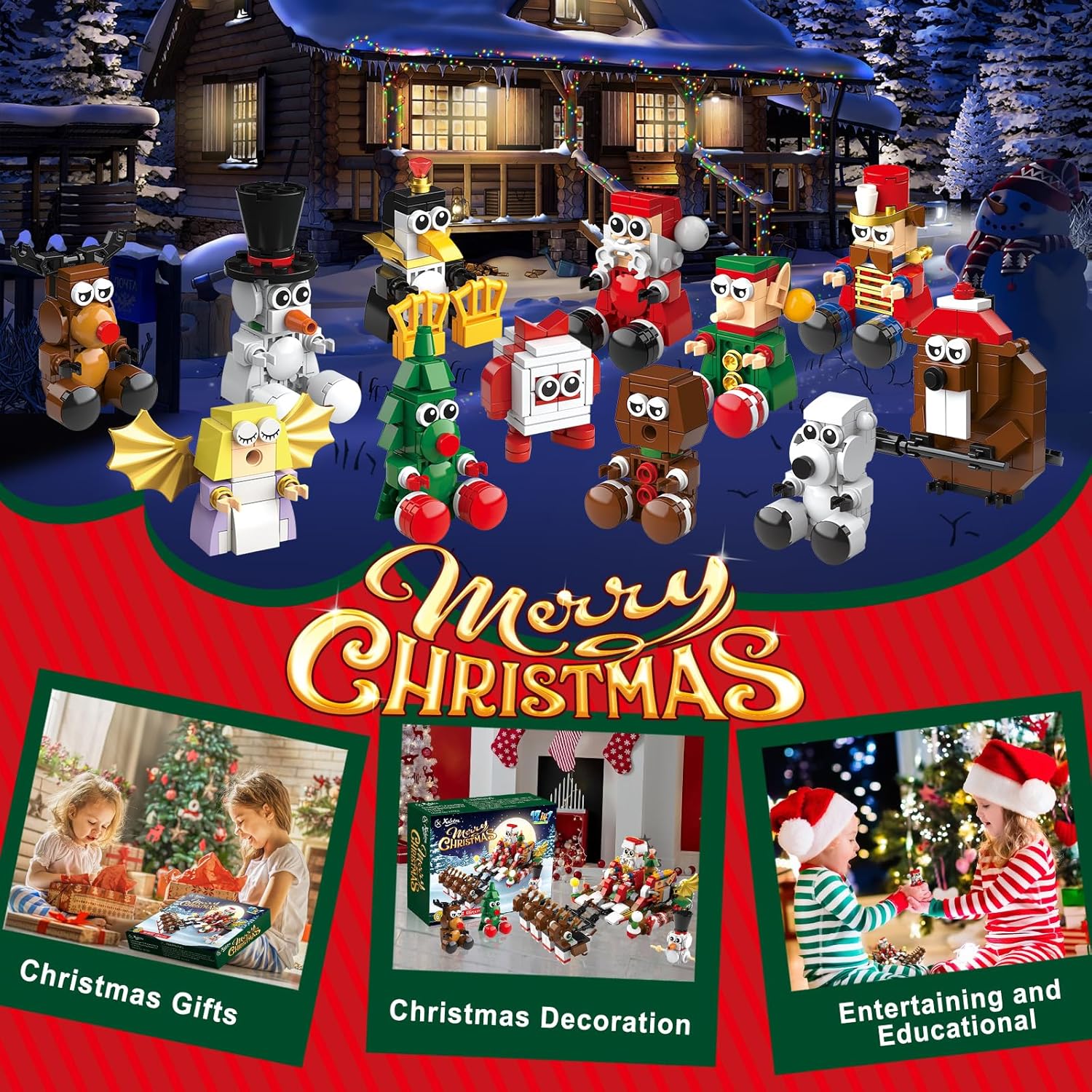Juego de bloques de construcción 12 en 1 para fiestas de Navidad, juguetes de Navidad, mini ladrillos lindos, 12 piezas, calendario de adviento de