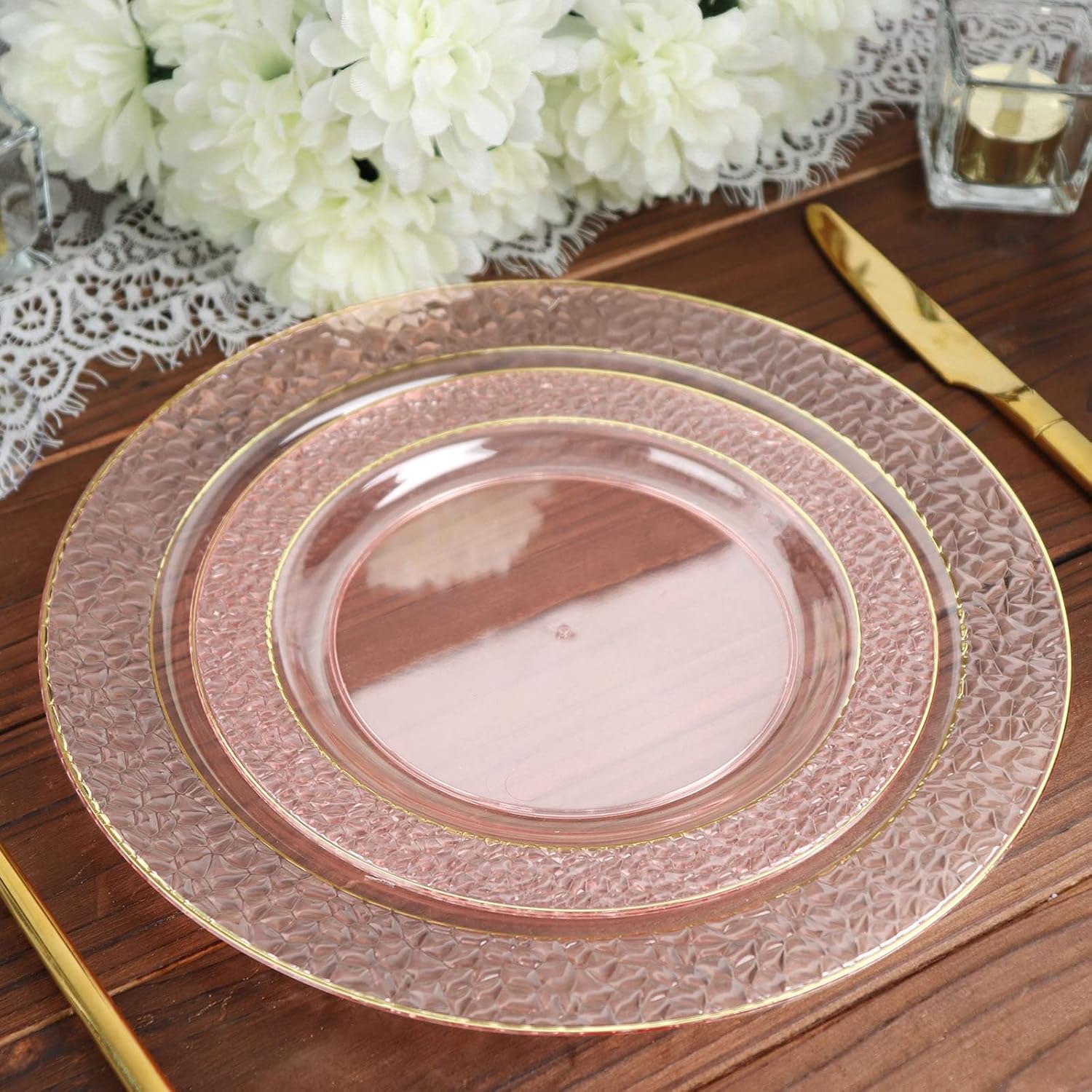 Efavormart – Platos de postre o aperitivo de plástico de 7.5 pulgadas con borde dorado y diseño martillado de 7.5 pulgadas