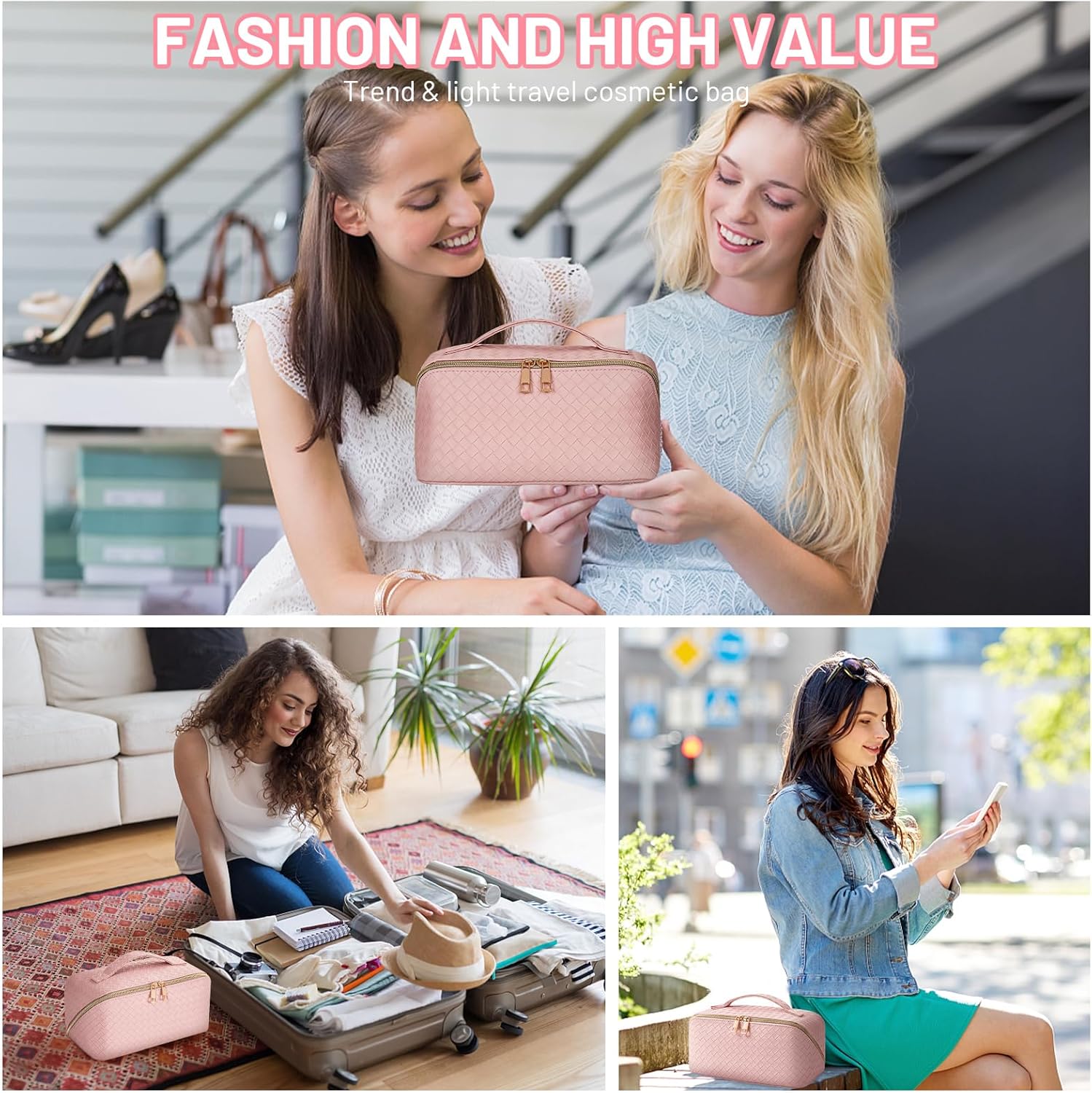 VVABELLI Bolsa de maquillaje  Bolsa de cosméticos de viaje de gran capacidad, portátil de cuero impermeable, bolsa de maquillaje de viaje para