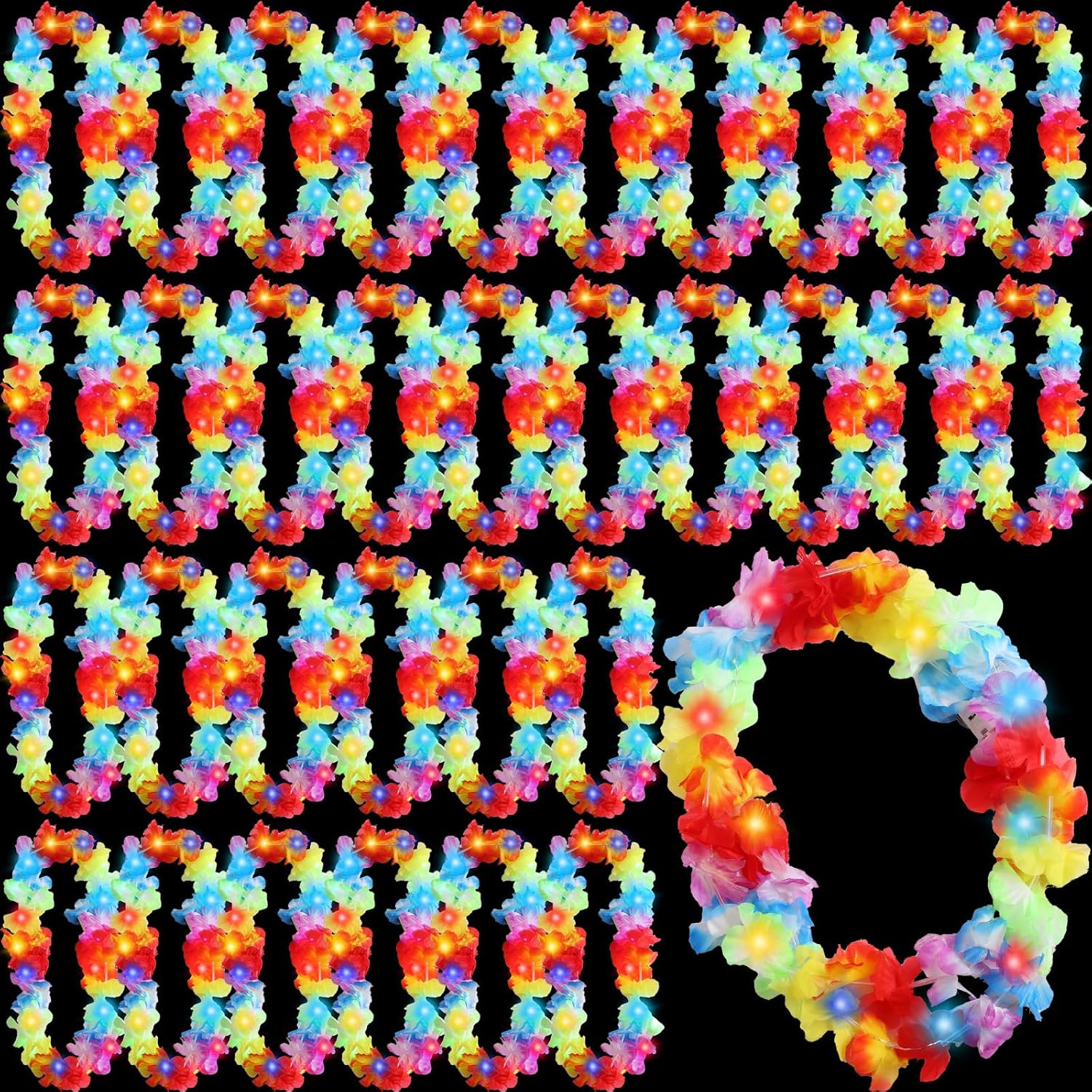 Sherr 24 piezas de Leis hawaiano con luz LED, collar de Leis hawaiano con luces LED, suministros de fiesta de carnaval tropical Luau Leis para