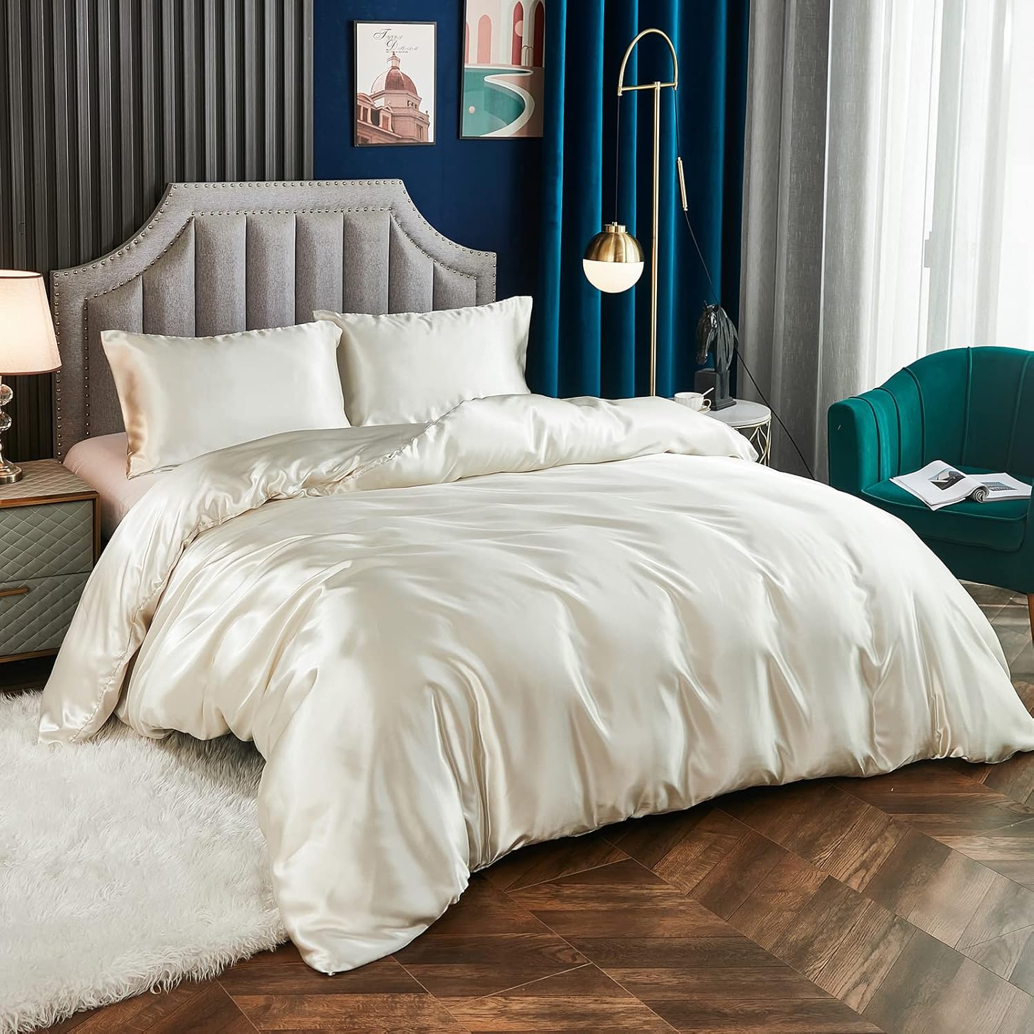 Juego de funda de edredón de satén beige crema, ropa de cama sedosa de lujo, ropa de cama sedosa de microfibra beige y gris, juego de ropa de cama