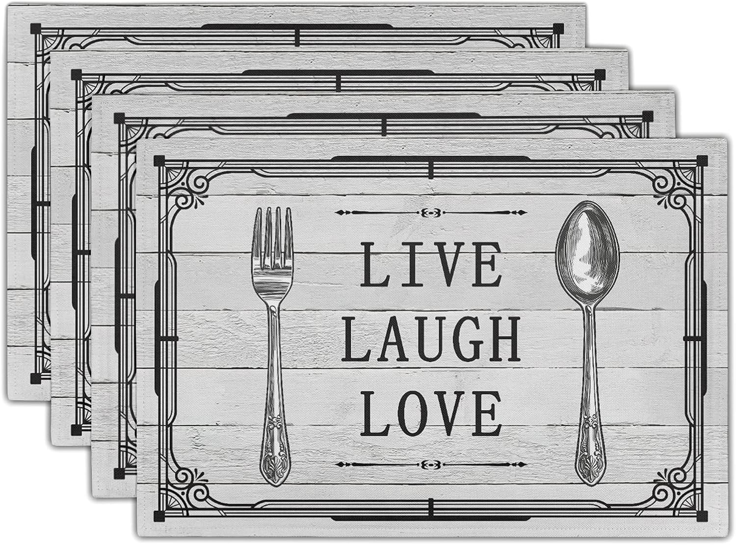 Giwawa Live Laugh Love – Juego de 4 manteles individuales con cuchillo, tenedor, cuchara, estilo vintage, decorativo, de lino, lavable, resistente