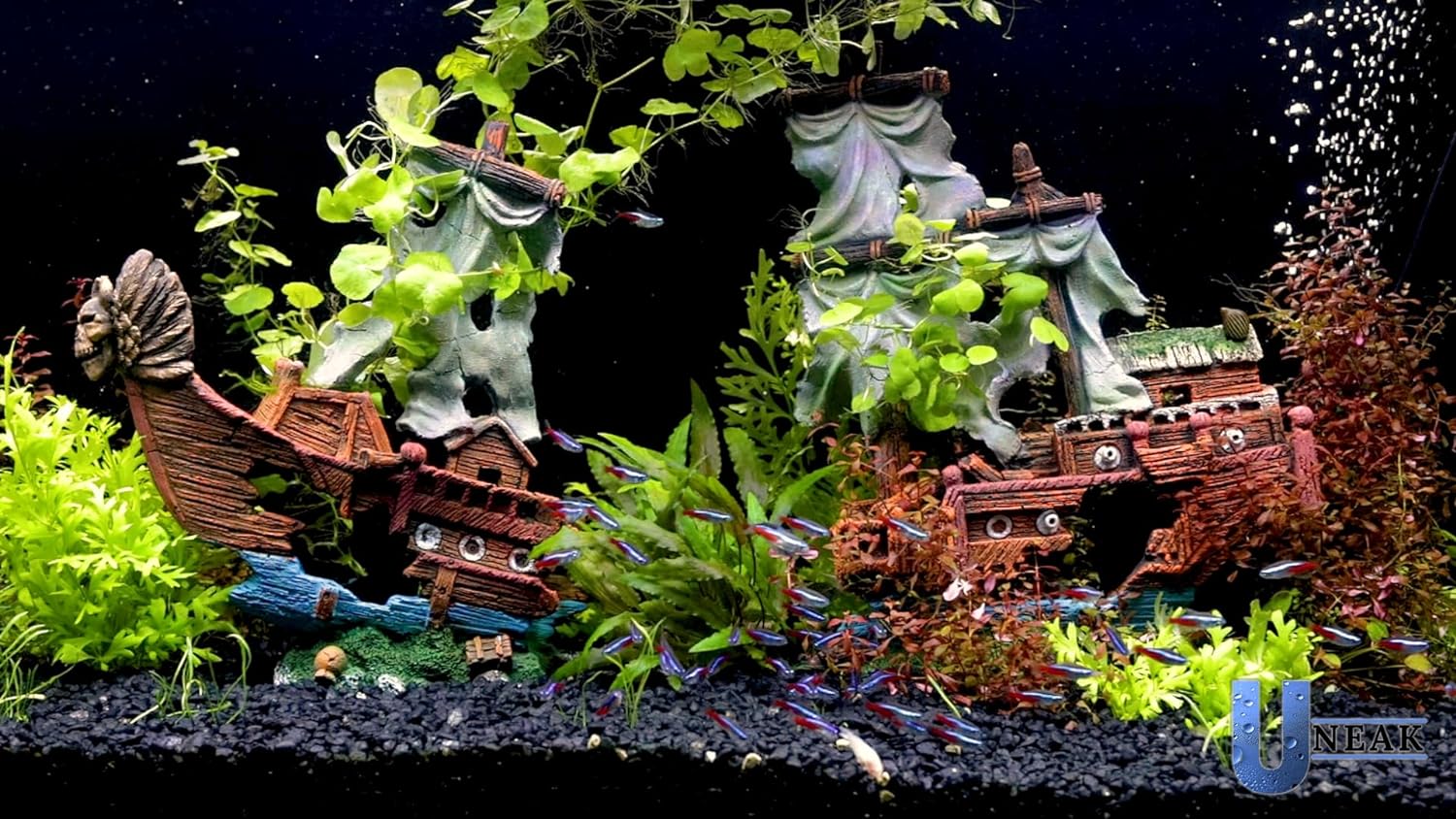 Adorno de acuario de naufragio grande con vela (2 piezas) de 20 galones de alto y más grande, adornos de decoración de barco hundido, barco pirata,