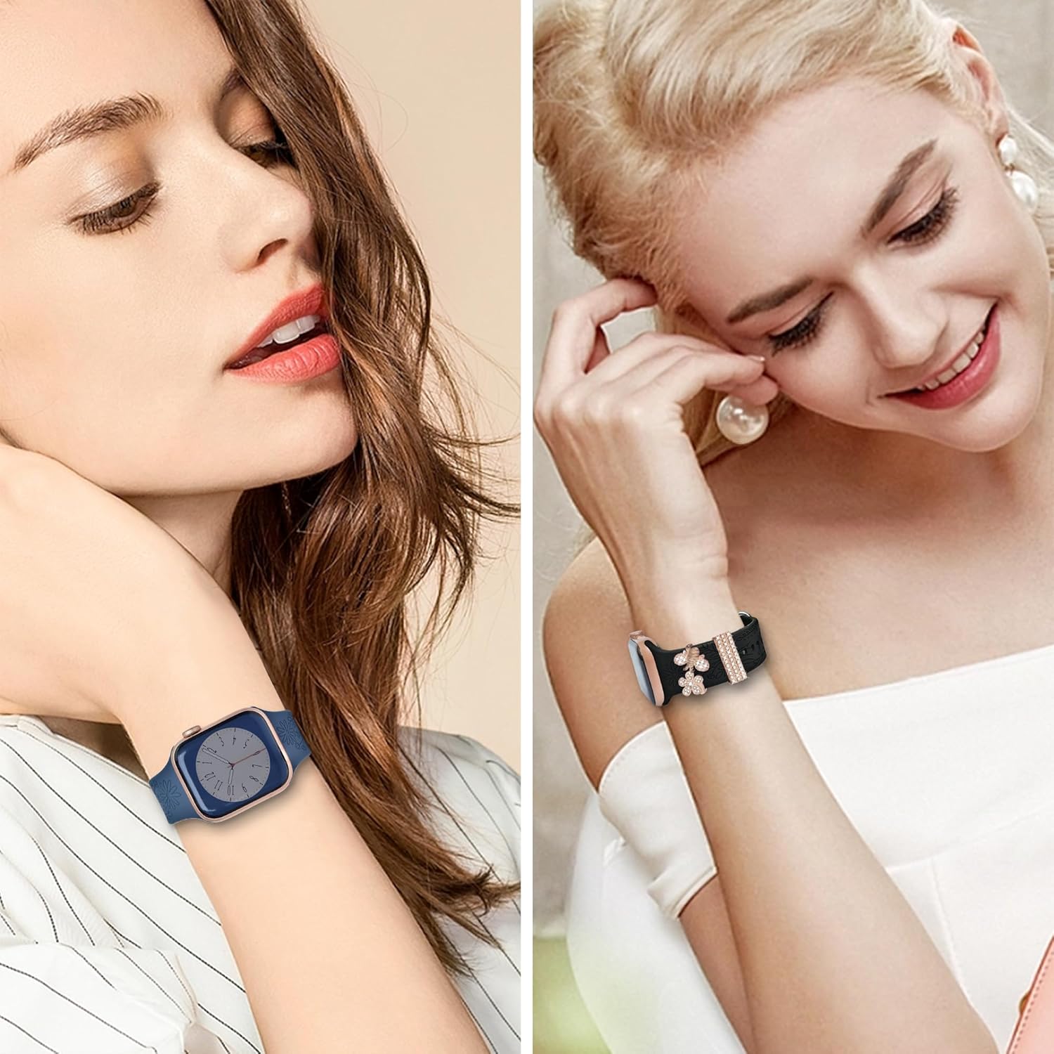 YOPICKERN Paquete de 4 correas grabadas florales con dijes compatibles con Apple Watch Band de 1.575 pulgadas, 1.614 pulgadas, 1.496 pulgadas,