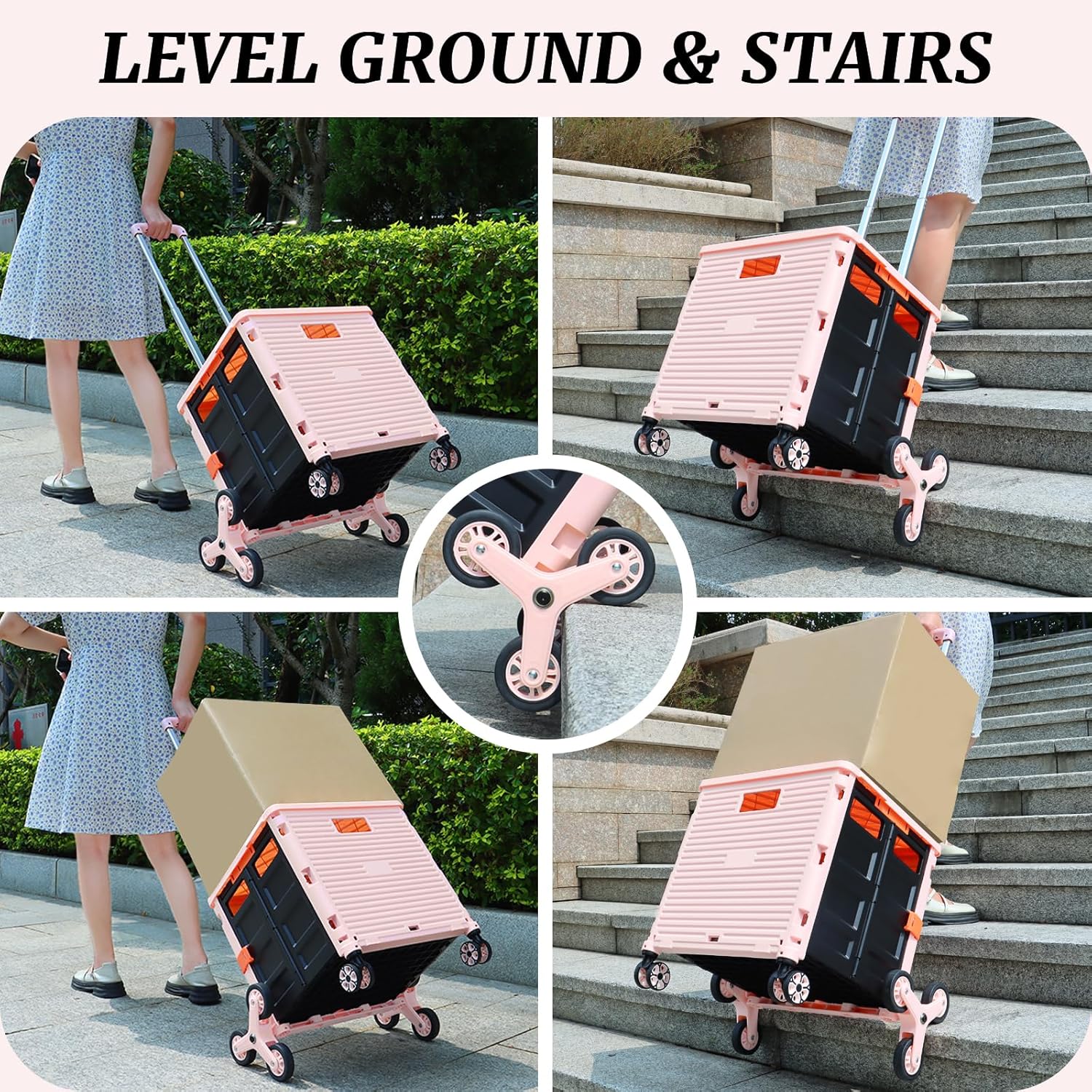 FELICON SELORSS – Carrito plegable portátil con ruedas para subir escaleras y ruedas giratorias de 360, mango telescópico, caja de plástico para