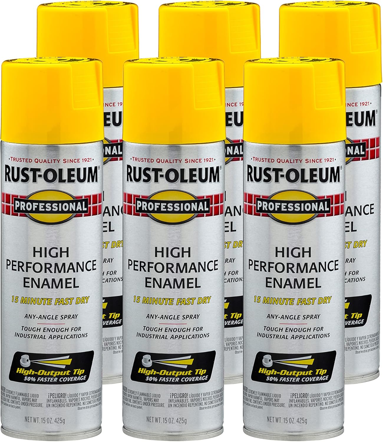 Rust-Oleum 7543838-6PK – Pintura en aerosol profesional de esmalte de alto rendimiento, 15 onzas, amarillo seguro brillante, paquete de 6