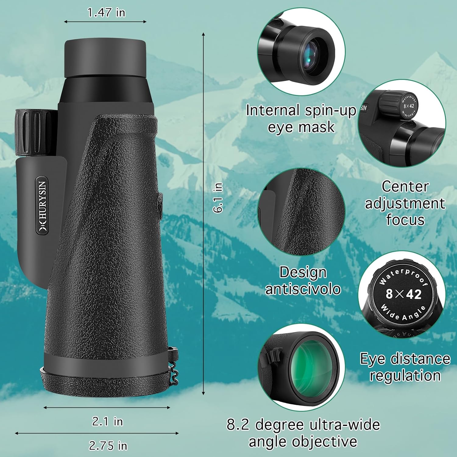 HURYSIN Monoculares HD 8X42 para adultos de alta potencia, monoscopio compacto de mano, adecuado para observación de aves, caza, viajes