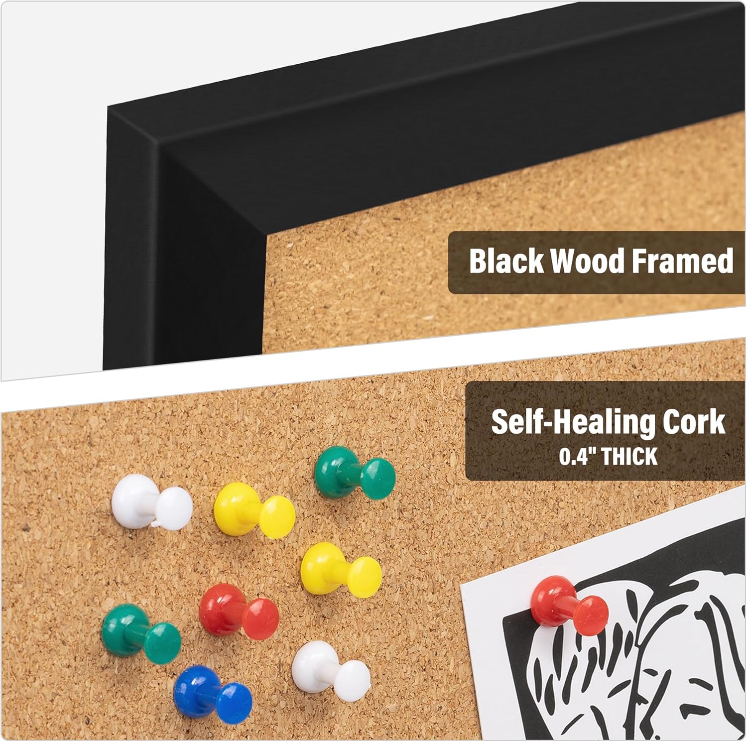Tablero de anuncios de corcho de 48 x 36 pulgadas, marco de madera negra, corchos de 4 x 3 pulgadas para pared, tablero de anuncios grande montado