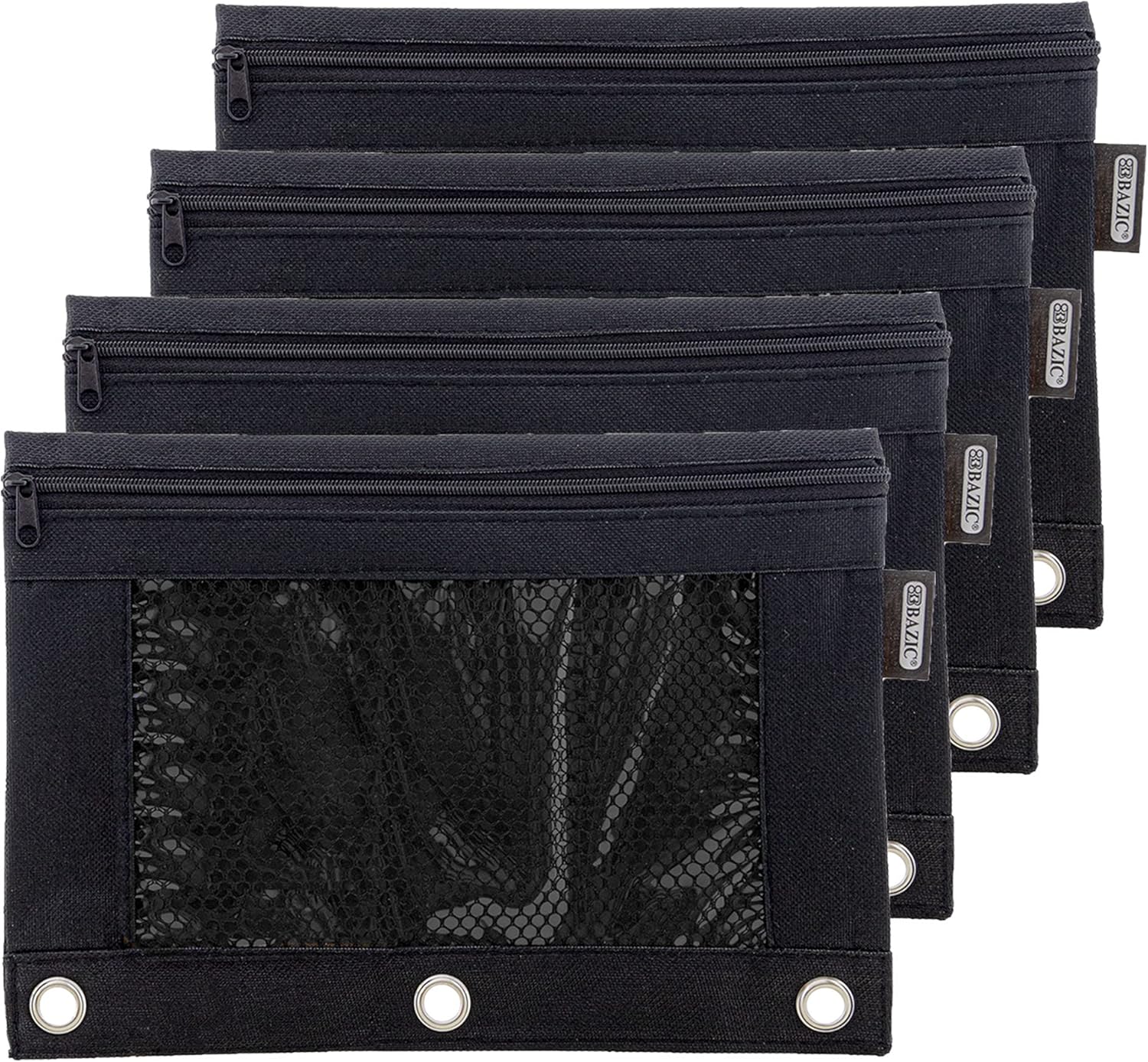 BAZIC – Estuche para lápices de 3 anillos con agujero de anillos reforzados, bolsas de malla negra con cremallera para ventana, 4 unidades