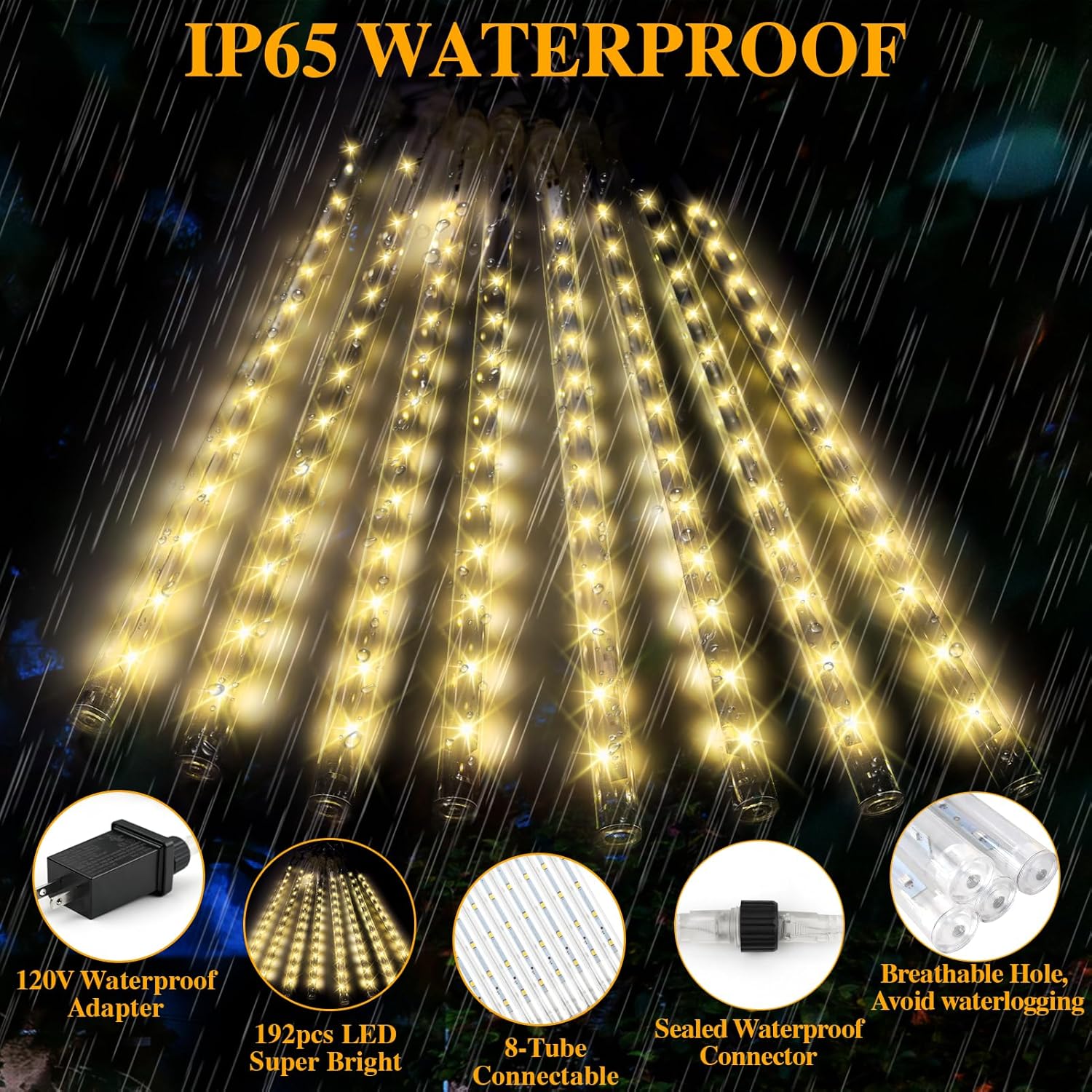 Luces de lluvia de meteoritos, 192 luces LED de lluvia que caen, 8 tubos de 11.8 pulgadas, luces de Navidad impermeables para enchufar, luces LED de