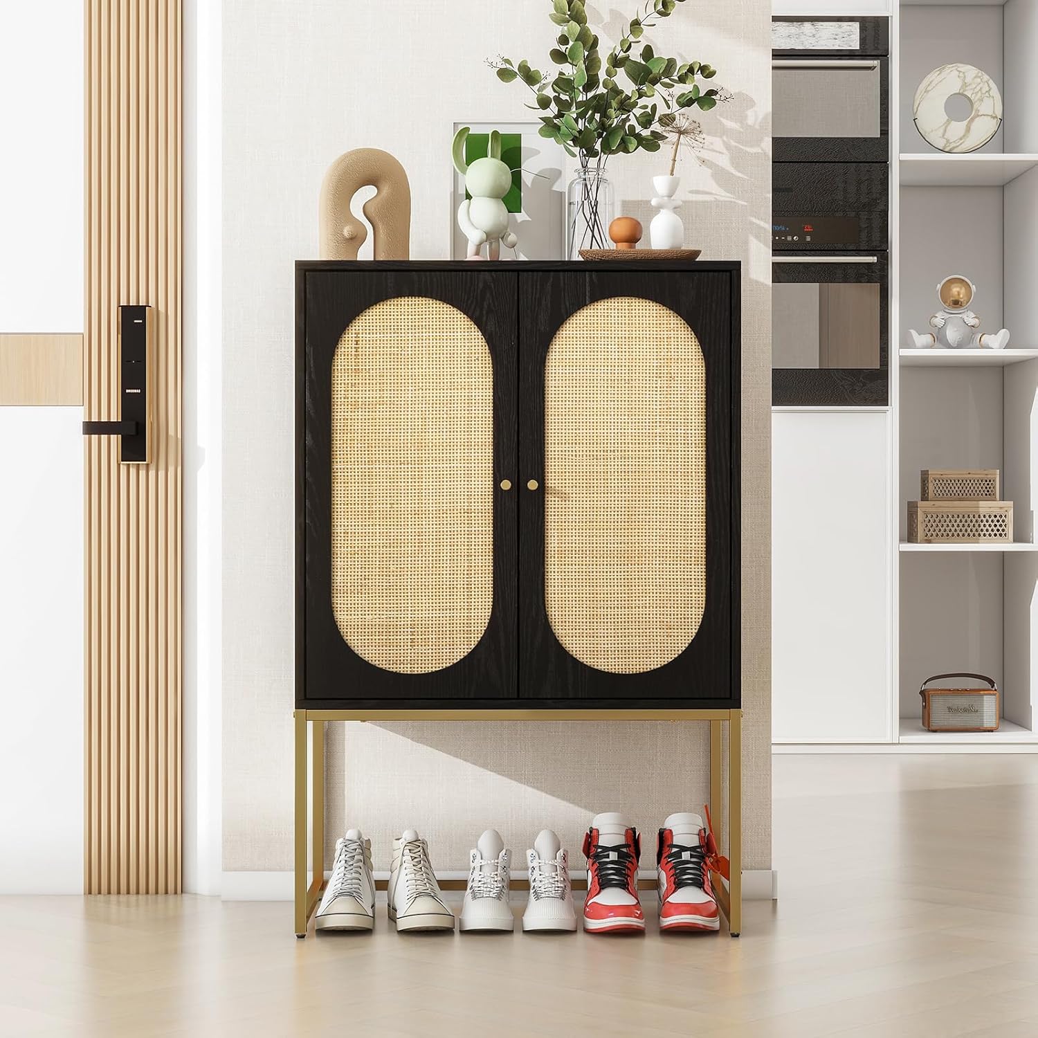 mixtavie Armario alto de ratán natural de 2 puertas, aparador de buffet con 1 estantes ajustables, armario de madera independiente para sala de